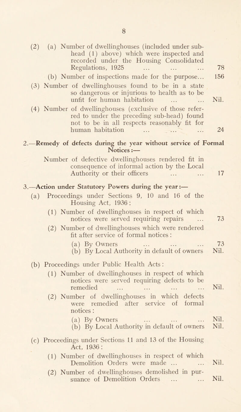 (2) (a) Number of dwellinghouses (included under sub- head (1) above) which were inspected and recorded under the Housing Consolidated Regulations, 1925 ... ... ... 78 (b) Number of inspections made for the purpose... 156 (3) Number of dwellinghouses found to be in a state so dangerous or injurious to health as to be unfit for human habitation ... ... Nil. (4) Number of dwellinghouses (exclusive of those refer- red to under the preceding sub-head) found not to be in all respects reasonably fit for human habitation ... ... ... 24 2. -—Remedy of defects during the year without service of Formal Notices:— Number of defective dwellinghouses rendered fit in consequence of informal action by the Local Authority or their officers ... ... 17 3. —Action under Statutory Powers during the year:— (a) Proceedings under Sections 9, 10 and 16 of the Housing Act, 1936 : (1) Number of dwellinghouses in respect of which notices were served requiring repairs ... 73 (2) Number of dwellinghouses which were rendered fit after service of formal notices : (a) By Owners ... ... ... 73 (b) By Local Authority in default of owners Nil. (b) Proceedings under Public Health Acts : (1) Number of dwellinghouses in respect of which notices were served requiring defects to be remedied ... ... ... ... Nil. (2) Number of dwellinghouses in which defects were remedied after service of formal notices : (a) By Owners ... ... ... Nil. (b) By Local Authority in default of owners Nil. (c) Proceedings under Sections 1.1 and 13 of the Housing Act, 1936: (1) Number of dwellinghouses in respect of which Demolition Orders were made ... ... Nil. (2) Number of dwellinghouses demolished in pur- suance of Demolition Orders ... ... Nil.