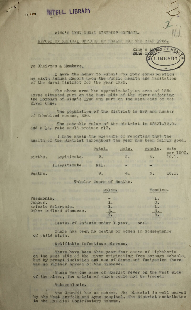 , • #*£ library imt KING'S LYNN RURAL DISTRICT (JO UNO XL. To Chairman & Me racers, King' J&ne I I have the honor to submit for your consideration ray sixth Annual Report, upon the Publics nealth and Sanitation of the Rural District for the year 1925, The above area has approximately an area of 1550 acres situated part on the Rast side of the .diver adjoining the borough of King's Lynn and part on the West side of the River ouae. The population of the District is 899 and number of Inhabited Houses, 250. The Rateable value of the District is £5651.12,0. and a Id. rate would produce £17. I have again the pie sure of reporting that the health of the District throughout the year has been fairly good. Total. Male. Remale. Rate per 1000 births. Legitimate. 9. 5. 4. 10.1. Illegitimate. Nil. - - Deaths. 9. 4. 5. 10.1. Tabular Cause of Deaths. • Ruenmonia. Cancer. Arterio Sclerosis. Other Defined Diseases. Males 1. 1. 2. 4. • Femalee 1. 0. 1. 5. 8. i. Deaths of infants under 1 year, one. There has been no deaths of women in consequence of Child birth. Notifiable Infectious Disease. There have been this year four cases of Diphtheria on the Rast side of the River originating from Borough schools, but by prompt isolation and use of be aura and fumigation there was no further spread of the disease. There was one case of Scarlet fever on the West side of the River, the origin of hioh could not be traced. Tuberonloais. The Council hs no scheme. The District is well served by the Vest Norfolk and Lynn Hospital* The District contributes to the Hospital Contributory Scheme.