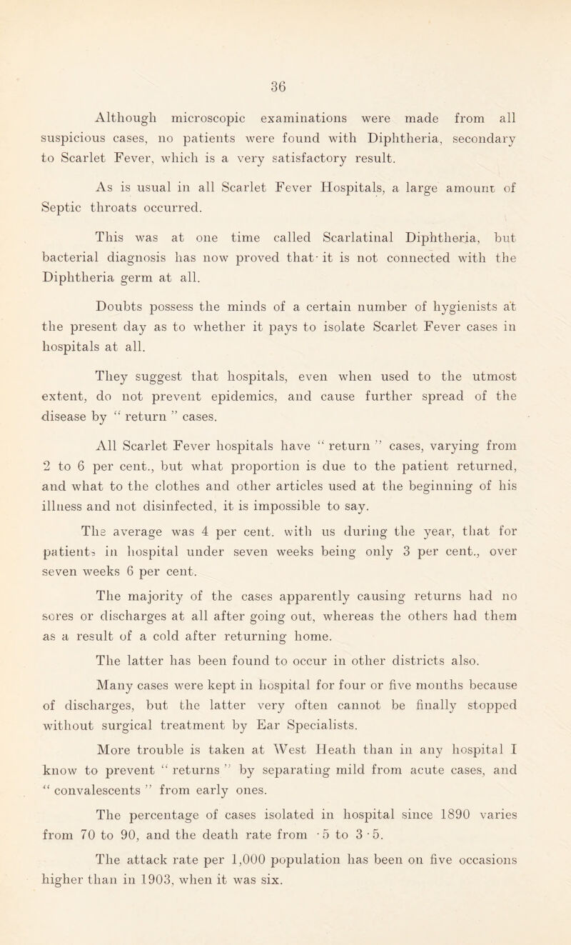 Although microscopic examinations were made from all suspicious cases, no patients were found with Diphtheria, secondary to Scarlet Fever, which is a very satisfactory result. As is usual in all Scarlet Fever Hospitals, a large amount of Septic throats occurred. This was at one time called Scarlatinal Diphtheria, hut bacterial diagnosis has now proved that - it is not connected with the Diphtheria germ at all. Doubts possess the minds of a certain number of hygienists at the present day as to whether it pays to isolate Scarlet Fever cases in hospitals at all. They suggest that hospitals, even when used to the utmost extent, do not prevent epidemics, and cause further spread of the disease by “ return ” cases. All Scarlet Fever hospitals have “ return ” cases, varying from 2 to 6 per cent., but what proportion is due to the patient returned, and what to the clothes and other articles used at the beginning of his illness and not disinfected, it is impossible to say. The average was 4 per cent, with us during the year, that for patients in hospital under seven weeks being only 3 per cent., over seven weeks 6 per cent. The majority of the cases apparently causing returns had no sores or discharges at all after going out, whereas the others had them as a result of a cold after returning home. The latter has been found to occur in other districts also. Many cases were kept in hospital for four or five months because of discharges, but the latter very often cannot be finally stopped without surgical treatment by Ear Specialists. More trouble is taken at West Heath than in any hospital X know to prevent “ returns ” by separating mild from acute cases, and Xi convalescents ” from early ones. The percentage of cases isolated in hospital since 1890 varies from 70 to 90, and the death rate from -5 to 3-5. The attack rate per 1,000 population has been on five occasions higher than in 1903, when it was six.