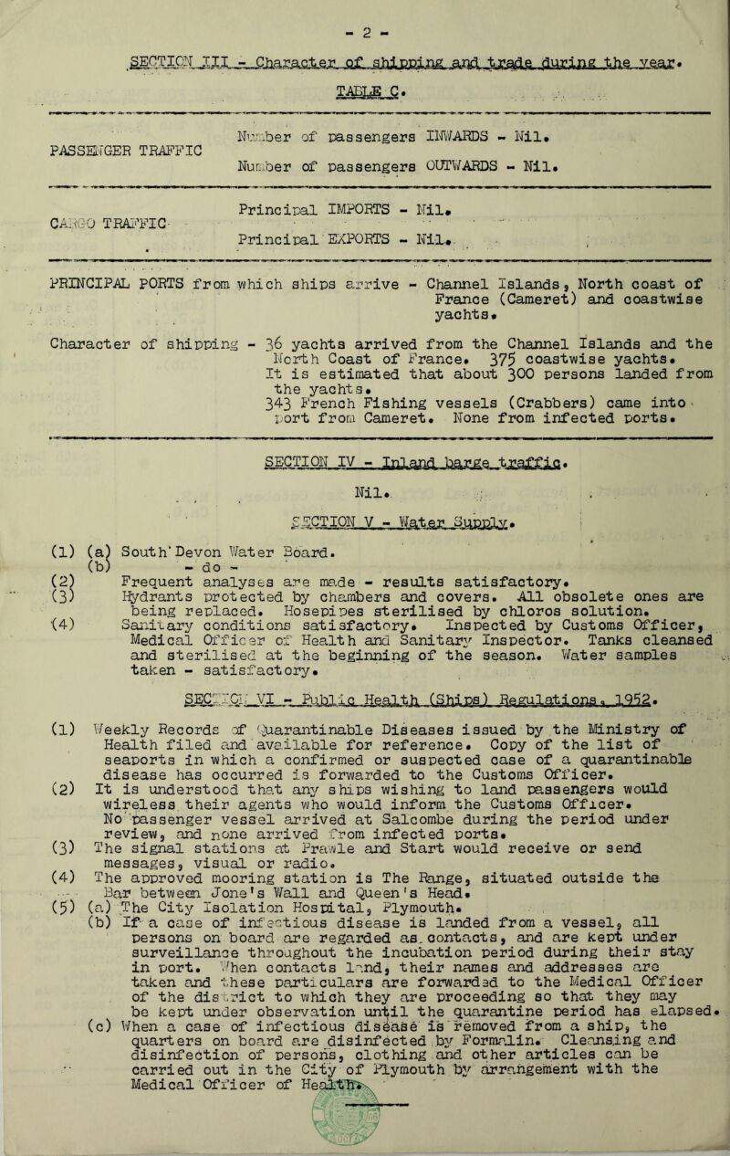 TABLE C. PAS SELTGER TRAFFIC Number of passengers INWARDS - Nil* Number of passengers OUTWARDS - Nil# Principal IMPORTS - Nil# CARGO TRAFFIC- Principal EXPORTS - Nil.#. PRINCIPAL PORTS from which ships arrive - Channel islands. North coast of France (Cameret) and coastwise yachts# Character of shipping - 36 yachts arrived from the Channel Islands and the North Coast of France* 375 coastwise yachts# It is estimated that about 300 persons landed from the yachts. 343 French Fishing vessels (Crabbers) came into port from Cameret# None from infected ports* SECTION IV - (1) (2) (3) '(4) (1) (2) (3) (4) (5) Nil*. (a) South’Devon Water Board. (b) - do - Frequent analyses are ma.de - results satisfactory* Hydrants protected by chambers and covers. All obsolete ones are being replaced. Hosepipes sterilised by chloros solution. Sanitary conditions satisfactory* Inspected by Customs Officer, Medical Officer of Health and Sanitar^' inspector. Tanks cleansed and sterilised at the beginning of the season. Water samples taken - satisfactory# sec:. . Weekly Records of ^>uarantinable Diseases issued by the Ministry of Health filed and available for reference. Copy of the list of seaports in which a confirmed or suspected case of a quarantinable disease has occurred is forwarded to the Customs Officer. It is understood that any ships wishing to land passengers would wireless their agents who would inform the Customs Officer# No'passenger vessel arrived at Salcombe during the period under review, and none arrived from infected ports# The signal stations at Prawle and Start would receive or send messages, visual or radio. The approved mooring station is The Range, situated outside the Bar between Jone's Wall and Queen's Head* (a) The City Isolation Hospital, Plymouth# (b) If a case of infectious disease is landed from a vessel, all persons on board are regarded as,contacts, and are kept under surveillance throughout the incubation period during their stay in port. When contacts land, their names and addresses are taken and these particulars are forwarded to the Medical Officer of the district to which they are proceeding so that they may be kept under observation until the quarantine period has elapsed* (c) When a case of infectious disease is removed from a ship, the quarters on board are disinfected by Formalin. Cleansing and disinfection of persons, clothing and other articles can be carried out in the City of Plymouth by arrangement with the Medical Officer of HealtTf^x '