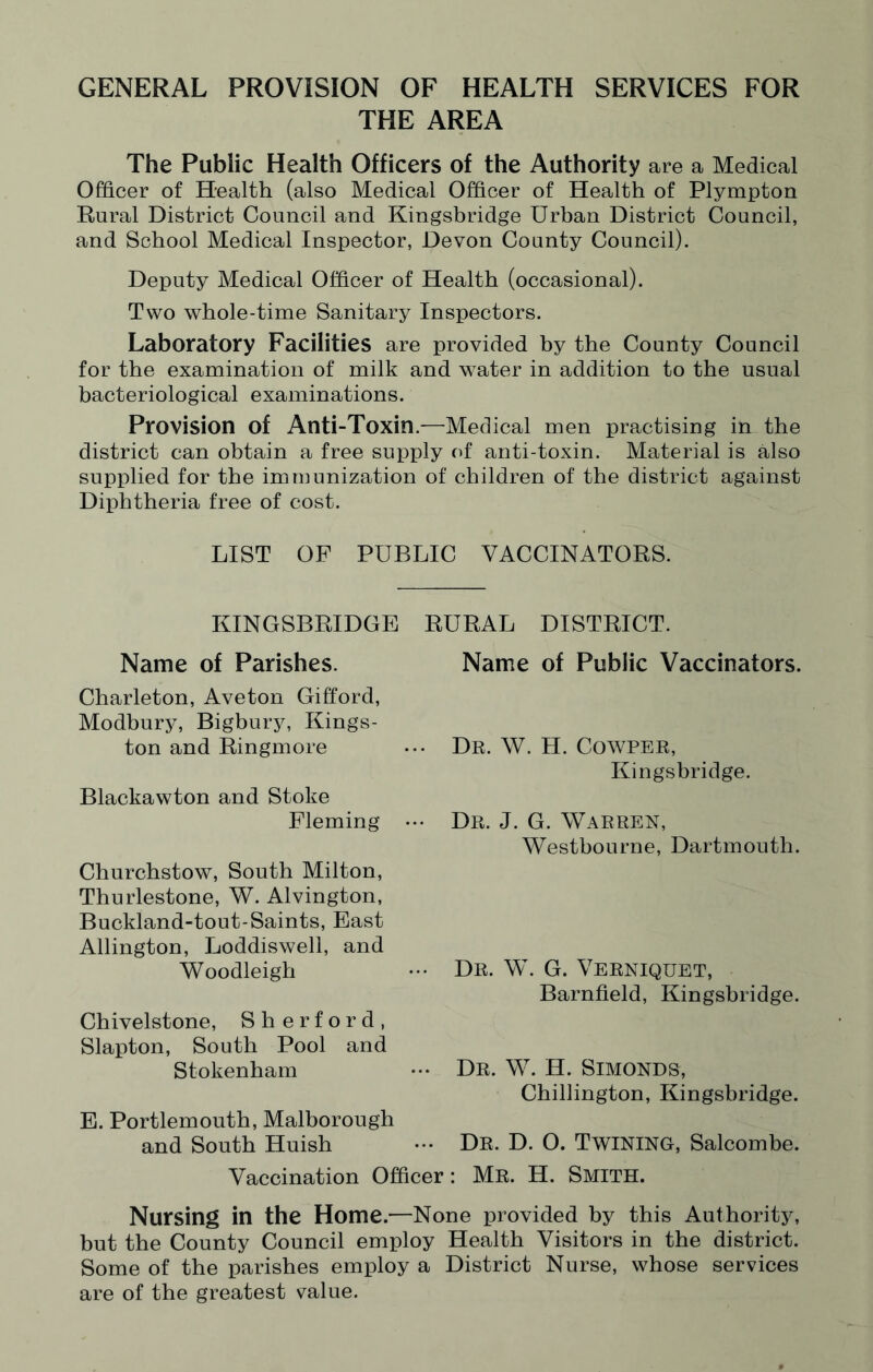 GENERAL PROVISION OF HEALTH SERVICES FOR THE AREA The Public Health Officers of the Authority are a Medical Officer of Health (also Medical Officer of Health of Plympton Rural District Council and Kingsbridge Urban District Council, and School Medical Inspector, Devon County Council). Deputy Medical Officer of Health (occasional). Two whole-time Sanitary Inspectors. Laboratory Facilities are provided by the County Council for the examination of milk and water in addition to the usual bacteriological examinations. Provision of Anti-Toxin.—Medical men practising in the district can obtain a free supply of anti-toxin. Material is also supplied for the immunization of children of the district against Diphtheria free of cost. LIST OF PUBLIC VACCINATORS. KINGSBRIDGE Name of Parishes. Charleton, Aveton Gifford, Modbury, Bigbury, Kings¬ ton and Ringmore Blackawton and Stoke Fleming Churchstow, South Milton, Thurlestone, W. Alvington, Buckland-tout-Saints, East Allington, Loddiswell, and Woodleigh Chivelstone, Sherford, Slapton, South Pool and Stokenham E. Portlemouth, Malborough and South Huish RURAL DISTRICT. Name of Public Vaccinators. Dr. W. H. Cowper, Kingsbridge. Dr. J. G. Warren, Westbourne, Dartmouth. Dr. W. G. Verniquet, Barnfield, Kingsbridge. • Dr. W. H. Simonds, Chillington, Kingsbridge. Dr. D. O. Twining, Salcombe. Mr. H. Smith. Vaccination Officer: Nursing in the Home.—None provided by this Authority, but the County Council employ Health Visitors in the district. Some of the parishes employ a District Nurse, whose services are of the greatest value.
