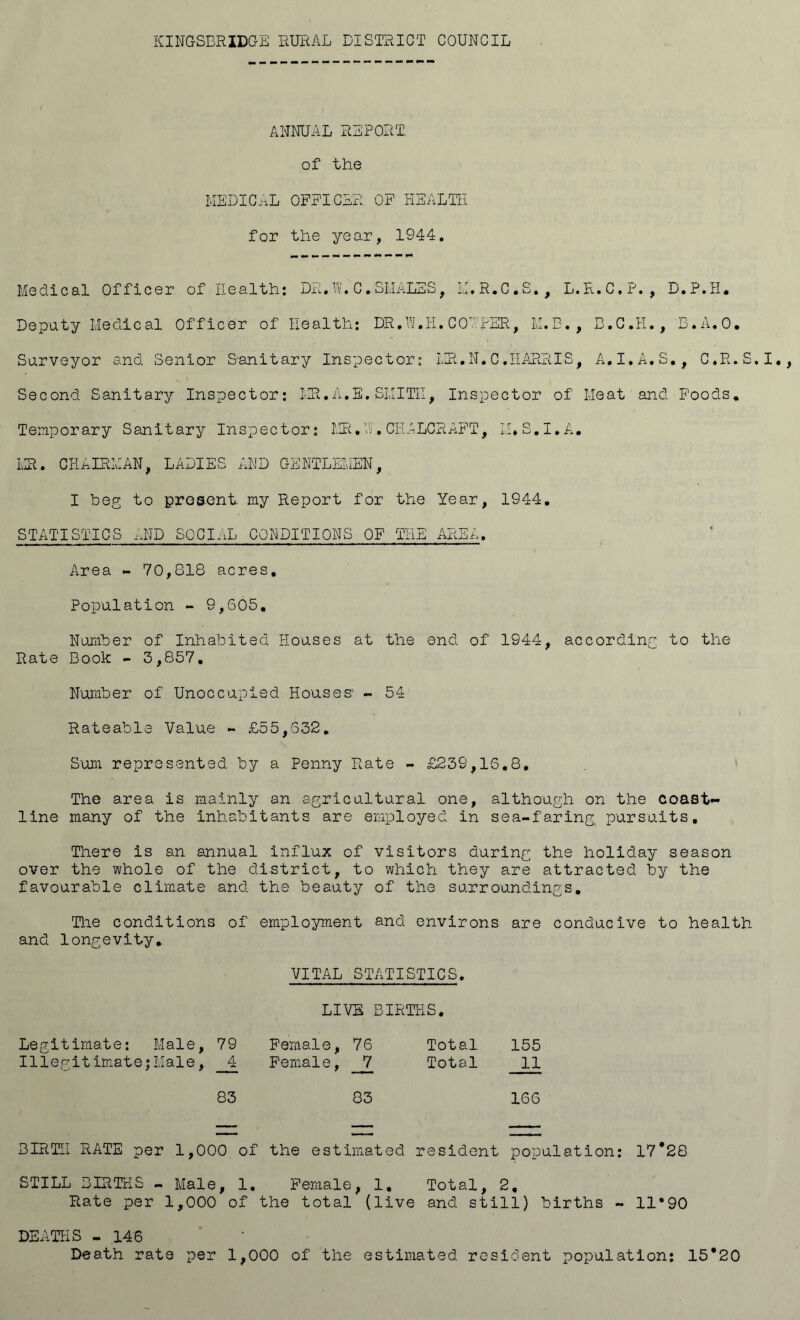 ANNUAL REPORT, of the MEDICAL OFFICER OF HEALTH for the year, 1944. Medical Officer of Health: DR.W.C.SMALES, M.R.C.S., L.R.C.P., D.P.H. Deputy Medical Officer of Health: DR.W.H.CO’.PER, M.B., B.C.H., B.A.O. Surveyor and Senior Sanitary Inspector: MR.N.C.HARRIS, A.I.A.S., C.R.S, Second Sanitary Inspector: MR.A.E.SMITH, Inspector of Meat and Foods. Temporary Sanitary Inspector: MR,A.CHALCRAFT, M.S.I.A, MR. CHAIRMAN, LADIES AND GENTLEMEN, I beg to present my Report for the Year, 1944. STATISTICS AND SOCIAL CONDITIONS OF THE AREA. Area - 70,818 acres. Population - 9,605. Number of Inhabited Houses at the end of 1944, according to the Rate Book - 3,857. Number of Unoccupied Houses - 54 Rateable Value - £55,632. Sum represented by a Penny Rate - £239,16,8. The area is mainly an agricultural one, although on the coast- line many of the Inhabitants are employed in sea-faring pursuits. There is an annual influx of visitors during the holiday season over the whole of the district, to which they are attracted by the favourable climate and the beauty of the surroundings. The conditions of employment and. environs are conducive to health and longevity. VITAL STATISTICS. LIVE BIRTHS. Legitimate: Male, 79 Female, 76 Total 155 Illegitimate;Male, 4 Female, 7 Total 11 83 83 166 BIRTH RATE per 1,000 of the estimated resident population: 17*28 STILL BIRTHS - Male, 1. Female, 1. Total, 2, Rate per 1,000 of the total (live and still) births - 11*90 DEATHS - 146 Death rate per 1,000 of the estimated resident population: 15*20