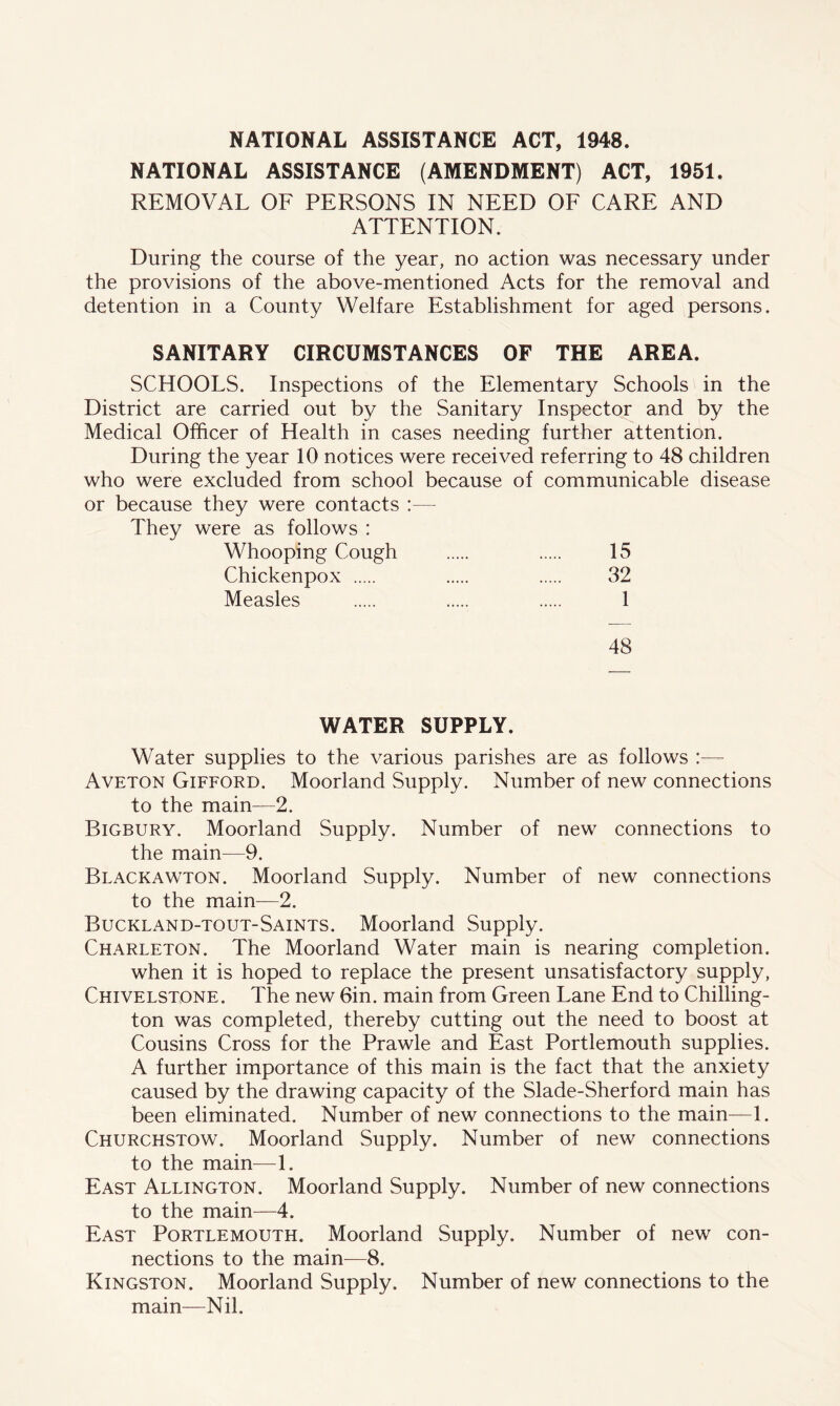 NATIONAL ASSISTANCE (AMENDMENT) ACT, 1951. REMOVAL OF PERSONS IN NEED OF CARE AND ATTENTION. During the course of the year, no action was necessary under the provisions of the above-mentioned Acts for the removal and detention in a County Welfare Establishment for aged persons. SANITARY CIRCUMSTANCES OF THE AREA. SCHOOLS. Inspections of the Elementary Schools in the District are carried out by the Sanitary Inspector and by the Medical Officer of Health in cases needing further attention. During the year 10 notices were received referring to 48 children who were excluded from school because of communicable disease or because they were contacts :— They were as follows : Whooping Cough 15 Chickenpox 32 Measles 1 48 WATER SUPPLY. Water supplies to the various parishes are as follows :— Aveton Gifford. Moorland Supply. Number of new connections to the main—2. Bigbury. Moorland Supply. Number of new connections to the main—9. Blackawton. Moorland Supply. Number of new connections to the main—2. Buckland-tout-Saints. Moorland Supply. Charleton. The Moorland Water main is nearing completion, when it is hoped to replace the present unsatisfactory supply, Chivelstone. The new 6in. main from Green Lane End to Chilling- ton was completed, thereby cutting out the need to boost at Cousins Cross for the Prawle and East Portlemouth supplies. A further importance of this main is the fact that the anxiety caused by the drawing capacity of the Slade-Sherford main has been eliminated. Number of new connections to the main—1. Churchstow. Moorland Supply. Number of new connections to the main—1. East Allington. Moorland Supply. Number of new connections to the main—4. East Portlemouth. Moorland Supply. Number of new con- nections to the main—8. Kingston. Moorland Supply. Number of new connections to the main—Nil.