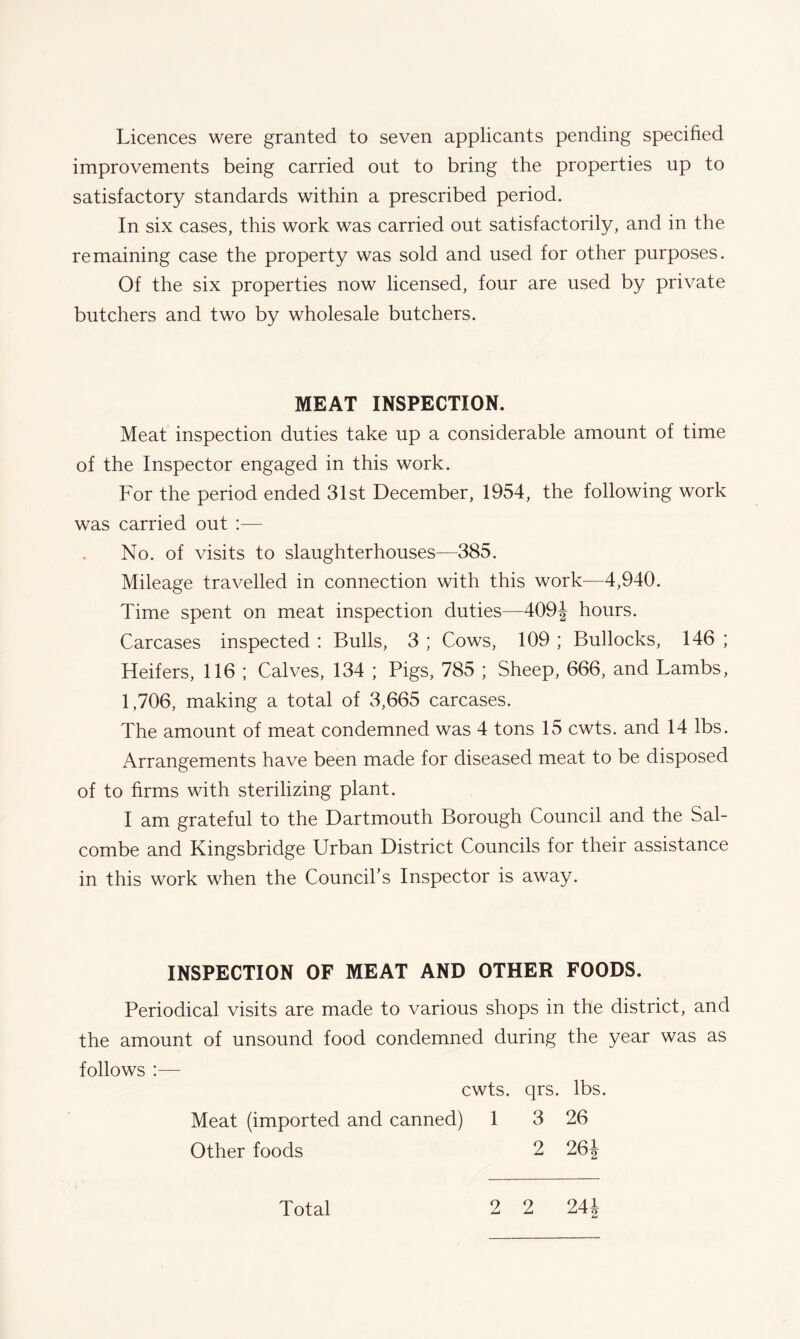 Licences were granted to seven applicants pending specified improvements being carried out to bring the properties up to satisfactory standards within a prescribed period. In six cases, this work was carried out satisfactorily, and in the remaining case the property was sold and used for other purposes. Of the six properties now licensed, four are used by private butchers and two by wholesale butchers. MEAT INSPECTION. Meat inspection duties take up a considerable amount of time of the Inspector engaged in this work. For the period ended 31st December, 1954, the following work was carried out :— No. of visits to slaughterhouses—385. Mileage travelled in connection with this work—4,940. Time spent on meat inspection duties—409J hours. Carcases inspected : Bulls, 3 ; Cows, 109 ; Bullocks, 146 ; Heifers, 116 ; Calves, 134 ; Pigs, 785 ; Sheep, 666, and Lambs, 1,706, making a total of 3,665 carcases. The amount of meat condemned was 4 tons 15 cwts. and 14 lbs. Arrangements have been made for diseased meat to be disposed of to firms with sterilizing plant. I am grateful to the Dartmouth Borough Council and the Sal- combe and Kingsbridge Urban District Councils for their assistance in this work when the Council's Inspector is away. INSPECTION OF MEAT AND OTHER FOODS. Periodical visits are made to various shops in the district, and the amount of unsound food condemned during the year was as follows :— cwts. qrs. lbs. Meat (imported and canned) 1 3 26 Other foods 2 26J Total 2 2 24$