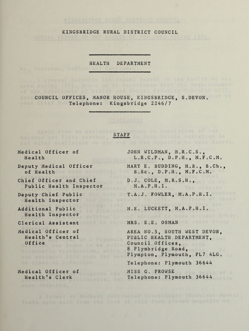 HEALTH DEPARTMENT COUNCIL OFFICES, MANOR Telephone: HOUSE, KINGSBRIDGE, S0DEVON0 Kingsbridge 2246/7 STAFF Medical Officer of Health JOHN WILDMAN, M„R0CoS0, L0R0C0P0, DoPoHo, McFoCoM Deputy Medical Officer of Health MARY E0 BUDDING, M . B „ , B„Ch B0SCo , DoPoH0, M.F.CoM, Chief Officer and Chief Public Health Inspector D o J o COLE , MoRoS.Ho, M.AoPoHoI, Deputy Chief Public Health Inspector T.A.Jo FOWLER, M.AoP.H,I. Additional Public Health Inspector M o E o LUCKETT, MeA0P.H0I0 Clerical Assistant MRS, E o E o OSMAN Medical Officer of Health's Central Office AREA NO „ 5, SOUTH WEST DEVON PUBLIC HEALTH DEPARTMENT, Council Offices, 8 Plymbridge Road, Plympton, Plymouth, PL7 4LG Telephones Plymouth 36644 Medical Officer of Health 5 s Clerk MISS Go PROWSE Telephones Plymouth 36644