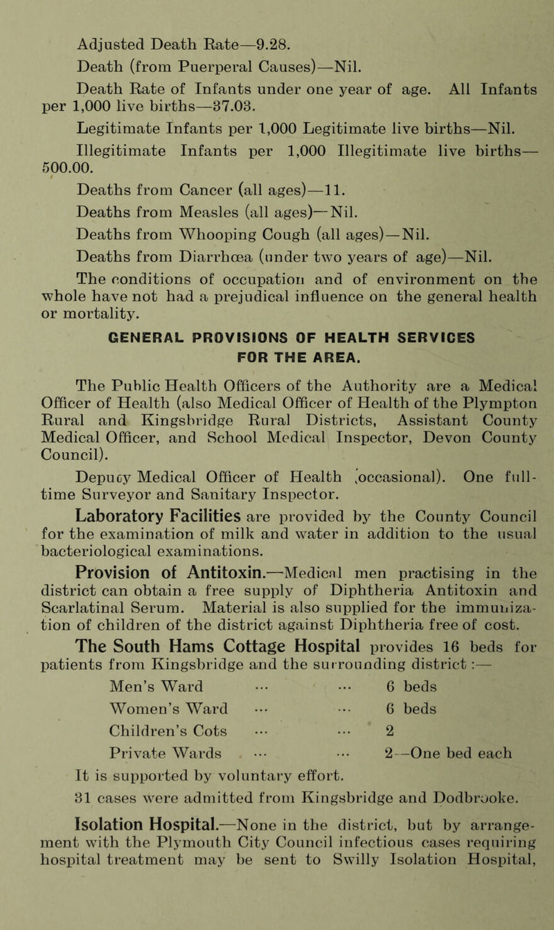 Adjusted Death Rate—9.28. Death (from Puerperal Causes)—Nil. Death Rate of Infants under one year of age. All Infants per 1,000 live births—37.03. Legitimate Infants per 1,000 Legitimate live births—Nil. Illegitimate Infants per 1,000 Illegitimate live births— 500.00. Deaths from Cancer (all ages)—11. Deaths from Measles (all ages)—Nil. Deaths from Whooping Cough (all ages)—Nil. Deaths from Diarrhoea (under two years of age)—Nil. The conditions of occupation and of environment on the whole have not had a prejudical influence on the general health or mortality. GENERAL PROVISIONS OF HEALTH SERVICES FOR THE AREA. The Public Health Officers of the Authority are a Medical Officer of Health (also Medical Officer of Health of the Plympton Rural and Kingsbridge Rural Districts, Assistant County Medical Officer, and School Medical Inspector, Devon County Council). Deputy Medical Officer of Health ^occasional). One full¬ time Surveyor and Sanitary Inspector. Laboratory Facilities are provided by the County Council for the examination of milk and water in addition to the usual bacteriological examinations. Provision of Antitoxin.—Medical men practising in the district can obtain a free supply of Diphtheria Antitoxin and Scarlatinal Serum. Material is also supplied for the immuniza¬ tion of children of the district against Diphtheria free of cost. The South Hams Cottage Hospital provides 16 beds for patients from Kingsbridge and the surrounding district:— Men’s Ward 6 beds Women’s Ward 6 beds Children’s Cots 2 Private Wards 2—One bed each It is supported by voluntary effort 31 cases were admitted from Kingsbridge and Dodbrooke Isolation Hospital.—None in the district, but by arrange¬ ment with the Plymouth City Council infectious cases requiring hospital treatment may be sent to Swilly Isolation Hospital,