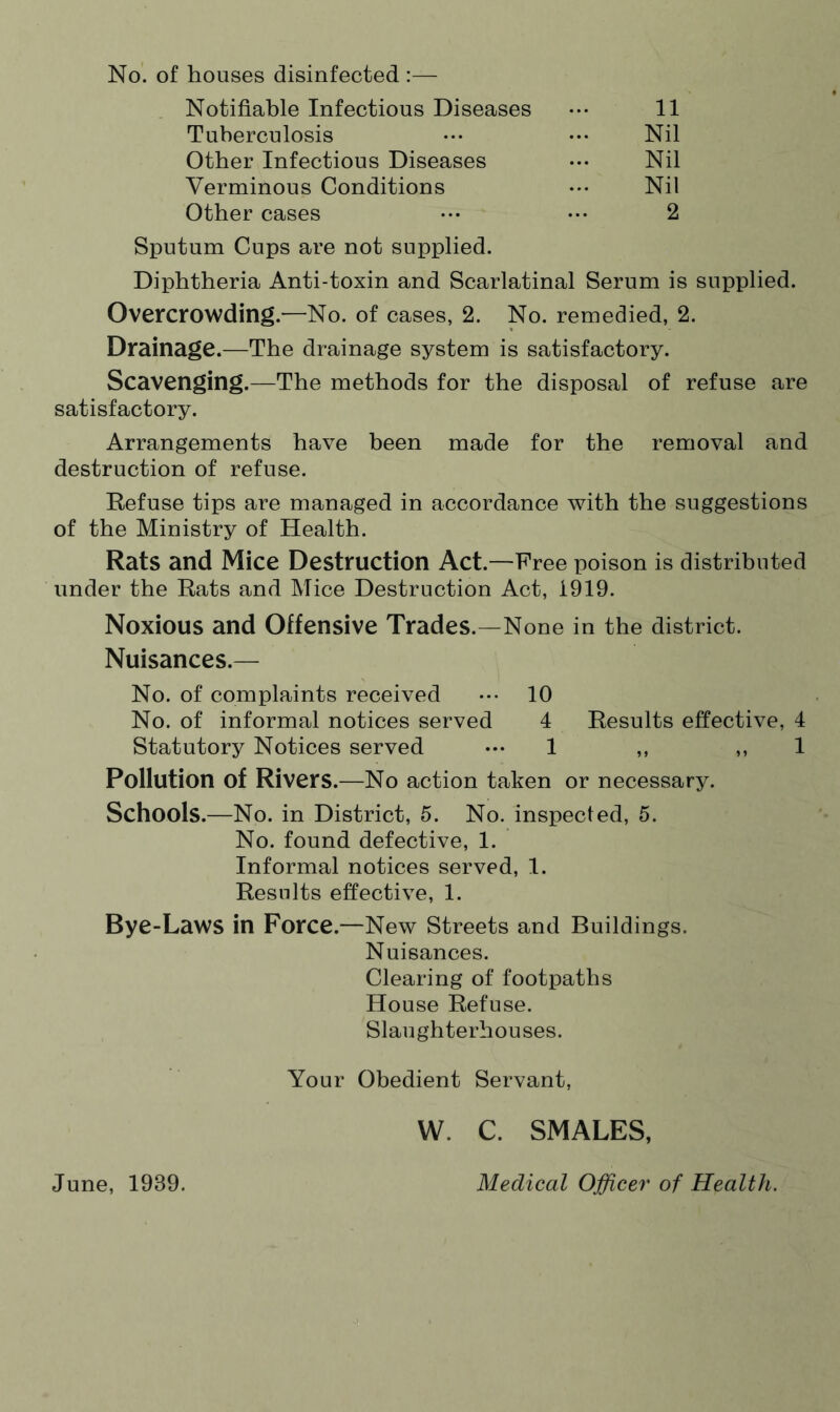 No. of houses disinfected — Notifiable Infectious Diseases ••• 11 Tuberculosis ••• ••• Nil Other Infectious Diseases ••• Nil Verminous Conditions ••• Nil Other cases ••• ••• 2 Sputum Cups are not supplied. Diphtheria Anti-toxin and Scarlatinal Serum is supplied. Overcrowding.—No. of cases, 2. No. remedied, 2. Drainage.—The drainage system is satisfactory. Scavenging.—The methods for the disposal of refuse are satisfactory. Arrangements have been made for the removal and destruction of refuse. Refuse tips are managed in accordance with the suggestions of the Ministry of Health. Rats and Mice Destruction Act.—Free poison is distributed under the Rats and Mice Destruction Act, 1919. Noxious and Offensive Trades.—None in the district. Nuisances.— No. of complaints received ••• 10 No. of informal notices served 4 Results effective, 4 Statutory Notices served ••• 1 ,, ,, 1 Pollution of Rivers.—No action taken or necessary. Schools.—No. in District, 5. No. inspected, 5. No. found defective, 1. Informal notices served, 1. Results effective, 1. Bye-Laws in Force.—New Streets and Buildings. Nuisances. Clearing of footpaths House Refuse. Slaughterhouses. Your Obedient Servant, June, 1939. W. C. SMALES, Medical Officer of Health.