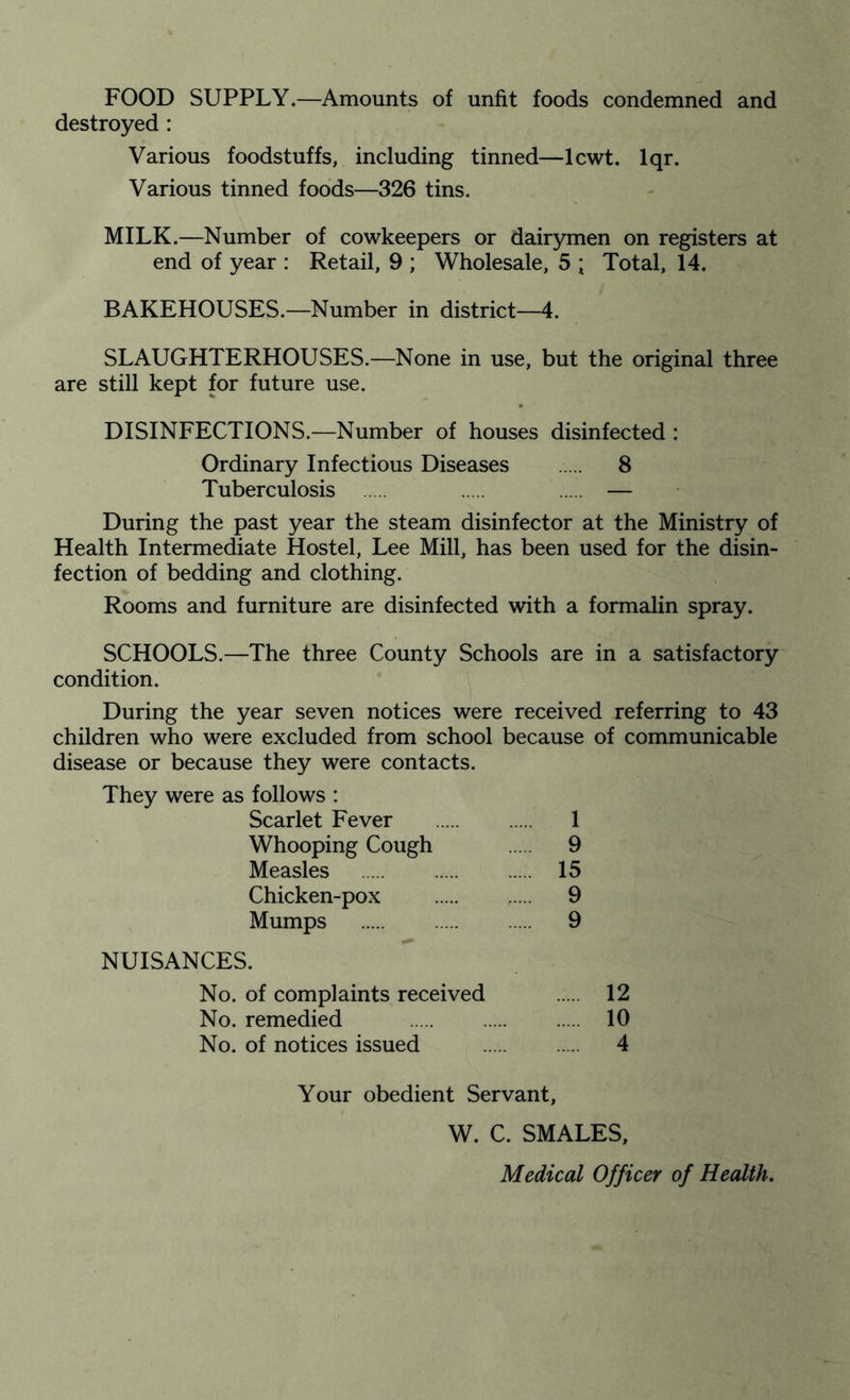 FOOD SUPPLY.—Amounts of unfit foods condemned and destroyed : Various foodstuffs, including tinned—lcwt. lqr. Various tinned foods—326 tins. MILK.—Number of cowkeepers or dairymen on registers at end of year : Retail, 9 ; Wholesale, 5 ; Total, 14. BAKEHOUSES.—Number in district—4. SLAUGHTERHOUSES.—None in use, but the original three are still kept for future use. DISINFECTIONS.—Number of houses disinfected : Ordinary Infectious Diseases . 8 Tuberculosis . . — During the past year the steam disinfector at the Ministry of Health Intermediate Hostel, Lee Mill, has been used for the disin¬ fection of bedding and clothing. Rooms and furniture are disinfected with a formalin spray. SCHOOLS.—The three County Schools are in a satisfactory condition. During the year seven notices were received referring to 43 children who were excluded from school because of communicable disease or because they were contacts. They were as follows : Scarlet Fever . 1 Whooping Cough . 9 Measles . 15 Chicken-pox . 9 Mumps . 9 NUISANCES. No. of complaints received . 12 No. remedied . 10 No. of notices issued . 4 Your obedient Servant, W. C. SMALES, Medical Officer of Health.