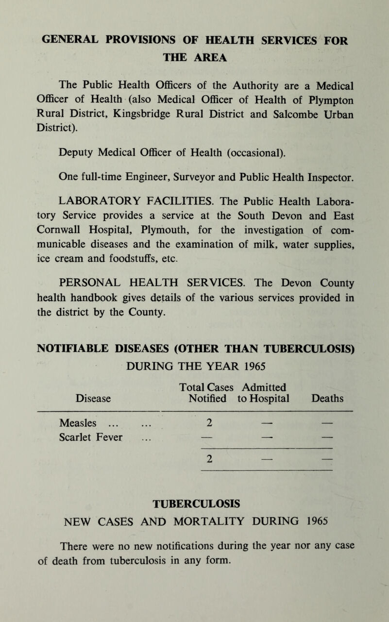 GENERAL PROVISIONS OF HEALTH SERVICES FOR THE AREA The Public Health Officers of the Authority are a Medical Officer of Health (also Medical Officer of Health of Plympton Rural District, Kingsbridge Rural District and Salcombe Urban District). Deputy Medical Officer of Health (occasional). One full-time Engineer, Surveyor and Public Health Inspector. LABORATORY FACILITIES. The Public Health Labora¬ tory Service provides a service at the South Devon and East Cornwall Hospital, Plymouth, for the investigation of com¬ municable diseases and the examination of milk, water supplies, ice cream and foodstuffs, etc. PERSONAL HEALTH SERVICES. The Devon County health handbook gives details of the various services provided in the district by the County. NOTIFIABLE DISEASES (OTHER THAN TUBERCULOSIS) DURING THE YEAR 1965 Total Cases Admitted Disease Notified to Hospital Deaths Measles . 2 — — Scarlet Fever ... — — — 2 TUBERCULOSIS NEW CASES AND MORTALITY DURING 1965 There were no new notifications during the year nor any case of death from tuberculosis in any form.