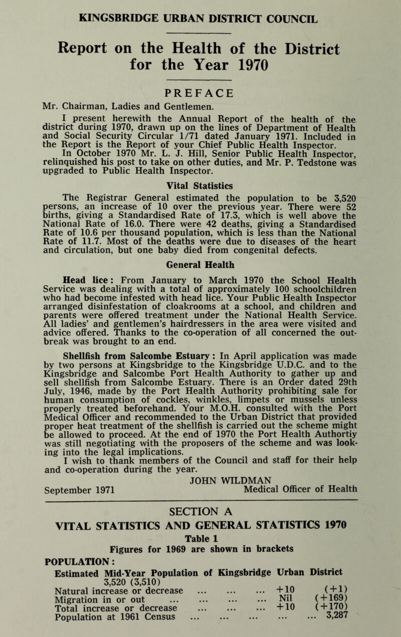 Report on the Health of the District for the Year 1970 PREFACE Mr. Chairman, Ladies and Gentlemen. I present herewith the Annual Report of the health of the district during 1970, drawn up on the lines of Department of Health and Social Security Circular 1/71 dated January 1971. Included in the Report is the Report of your Chief Public Health Inspector. In October 1970 Mr. L. J. Hill, Senior Public Health Inspector, relinquished his post to take on other duties, and Mr. P. Tedstone was upgraded to Public Health Inspector. Vital Statistics The Registrar General estimated the population to be 3,520 persons, an increase of 10 over the previous year. There were 52 births, giving a Standardised Rate of 17.3, which is well above the National Rate of 16.0. There were 42 deaths, giving a Standardised Rate of 10.6 per thousand population, which is less than the National Rate of 11.7. Most of the deaths were due to diseases of the heart and circulation, but one baby died from congenital defects. General Health Head lice: From January to March 1970 the School Health Service was dealing with a total of approximately 100 schoolchildren who had become infested with head lice. Your Public Health Inspector arranged disinfestation of cloakrooms at a school, and children and parents were offered treatment under the National Health Service. All ladies’ and gentlemen’s hairdressers in the area were visited and advice offered. Thanks to the co-operation of all concerned the out¬ break was brought to an end. Shellfish from Salcombe Estuary: In April application was made by two persons at Kingsbridge to the Kingsbridge U.D.C. and to the Kingsbridge and Salcombe Port Health Authority to gather up and sell shellfish from Salcombe Estuary. There is an Order dated 29th July, 1946, made by the Port Health Authority prohibiting sale for human consumption of cockles, winkles, limpets or mussels unless properly treated beforehand. Your M.O.H. consulted with the Port Medical Officer and recommended to the Urban District that provided proper heat treatment of the shellfish is carried out the scheme might be allowed to proceed. At the end of 1970 the Port Health Authortiy was still negotiating with the proposers of the scheme and was look¬ ing into the legal implications. I wish to thank members of the Council and staff for their help and co-operation during the year. JOHN WILDMAN September 1971 Medical Officer of Health SECTION A VITAL STATISTICS AND GENERAL STATISTICS 1970 Table 1 Figures for 1969 are shown in brackets POPULATION: Estimated Mid-Year Population of Kingsbridge Urban District 3,520 (3,510) Natural increase or decrease . +10 ( + 1) Migration in or out . Nil Total increase or decrease . +10 ( vZo-? Population at 1961 Census ... ... ... ••• ••• 3,287