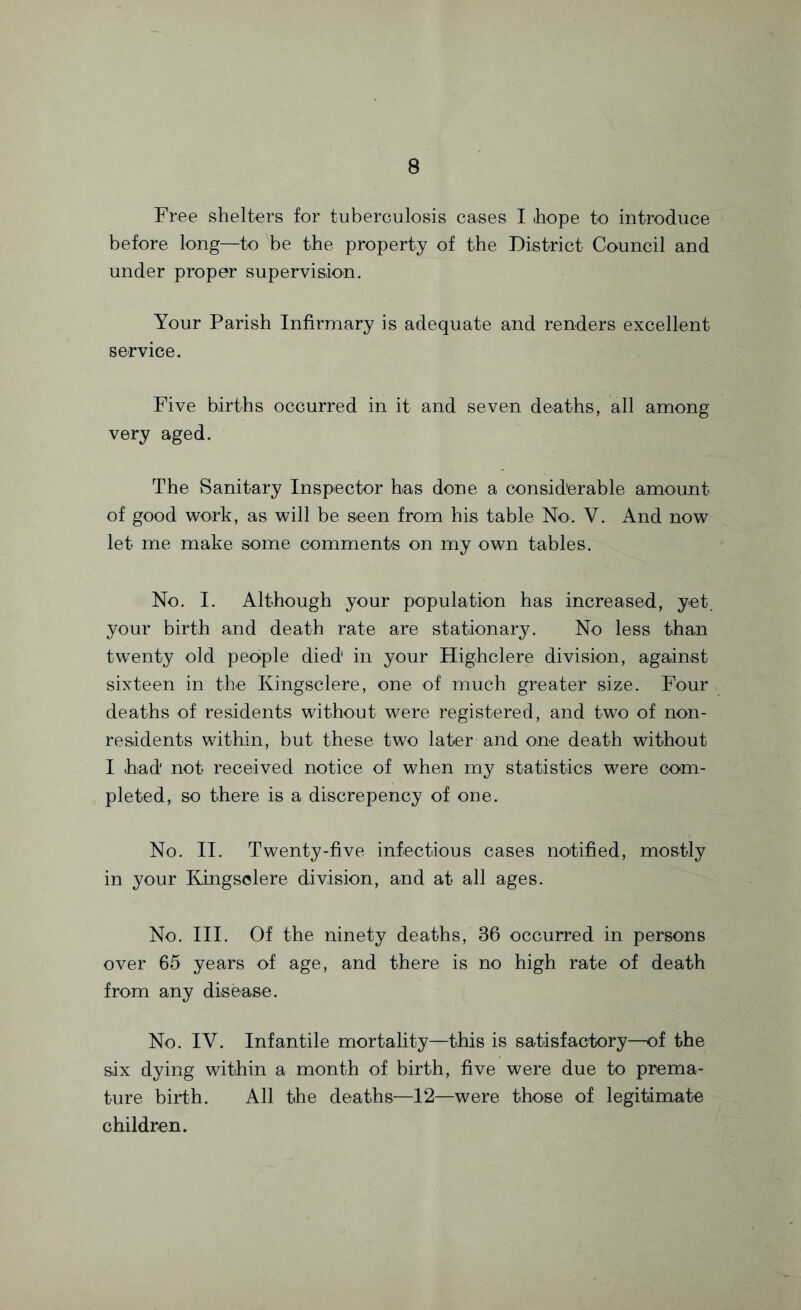 Free shelters for tuberculosis cases I hope to introduce before long—to be the property of the District Council and under proper supervision. Your Parish Infirmary is adequate and renders excellent service. Five births occurred in it and seven deaths, all among very aged. The Sanitary Inspector has done a considerable amount of good work, as will be seen from his table No. V. And now let me make some comments on my own tables. No. I. Although your population has increased, yet. your birth and death rate are stationary. No less than twenty old people died in your Highclere division, against sixteen in the Kingsclere, one of much greater size. Four deaths of residents without were registered, and two of non¬ residents within, but these two later and one death without I had not received notice of when my statistics were com¬ pleted, so there is a discrepency of one. No. II. Twenty-five infectious cases notified, mostly in your Kingsclere division, and at all ages. No. III. Of the ninety deaths, 36 occurred in persons over 65 years of age, and there is no high rate of death from any disease. No. IV. Infantile mortality—this is satisfactory—of the six dying within a month of birth, five were due to prema¬ ture birth. All the deaths—12—were those of legitimate children.