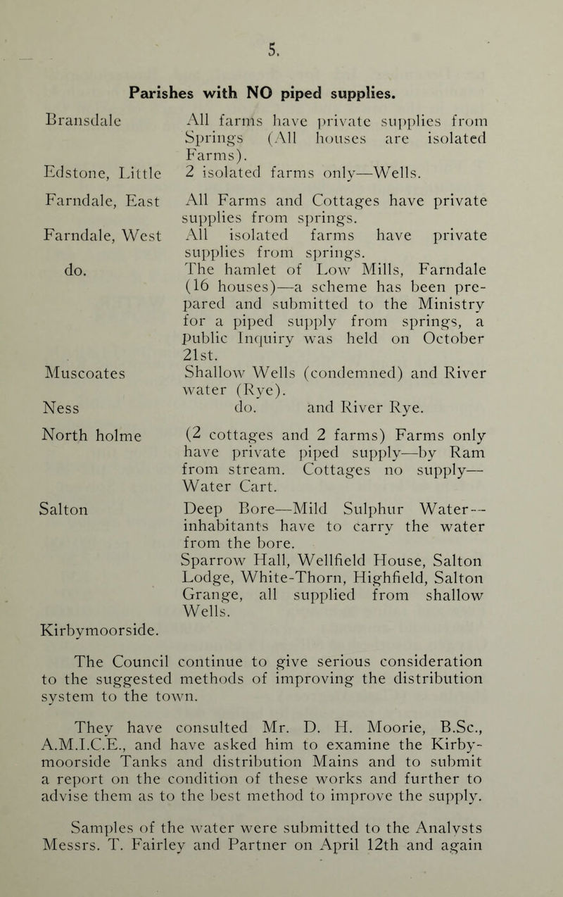 Parishes with NO piped supplies. Braiisdale All farms have ])rivatc sii])plies from Springs (All houses are isolated Farms). Edstone, Little 2 isolated farms only—Wells. Farndale, East All Earms and Cottages have private supplies from springs. Earndale, West All isolated farms have private supplies from s])rings. The hamlet of Low Mills, Farndale (16 houses)—a scheme has been pre- pared and submitted to the Ministry for a piped supply from springs, a Public Inquirv was held on October 21st. Shallow Wells (condemned) and River water (Rye). do. and River Rye. (2 cottages and 2 farms) Farms only have private piped supply—by Ram from stream. Cottages no supply— Water Cart. Deep Bore—Mild Sulphur Water — inhabitants have to carry the water from the bore. Sparrow Hall, Wellfield House, Salton Lodge, White-Thorn, Highfield, Salton Grange, all supplied from shallow Wells. The Council continue to give serious consideration to the suggested methods of improving the distribution system to the tOAvn. They have consulted Mr. D. H. Moorie, B.Sc., A.M.I.C.E., and have asked him to examine the Kirby- moorside Tanks and distribution Mains and to submit a report on the condition of these works and further to advise them as to the l)est method to improve the supply. Sam])les of the water were submitted to the Analysts Messrs. T. Fairley and Partner on April 12th and again do. Muscoates Ness North holme Salton Kirbymoorside.