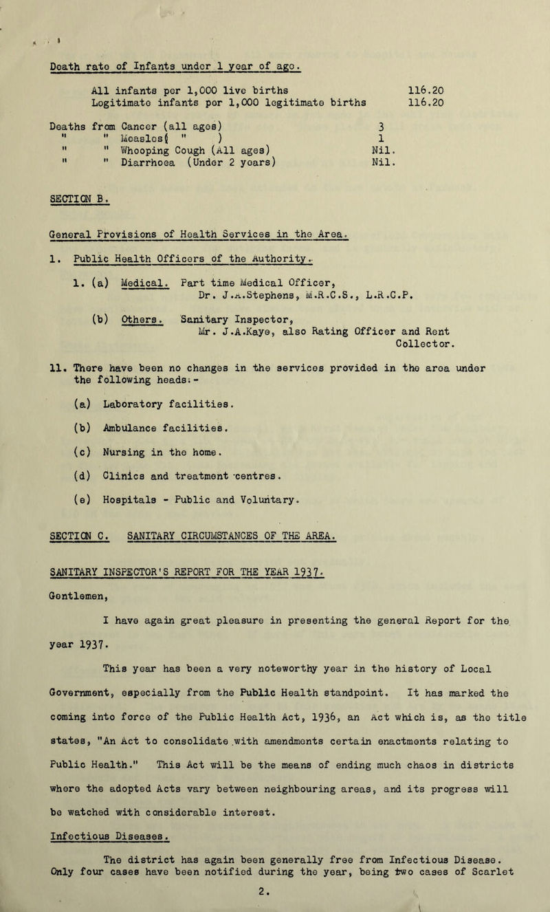 t Death rate of Infants under 1 year of ago. All infants per 1,000 live births 116.20 Legitimate infants per 1,000 legitimate births 116.20 Deaths from Cancer (all ages) 3   Measlesj  ) 1   Whooping Cough (All ages) Nil.   Diarrhoea (Under 2 yoars) Nil. SECTION B. General Provisions of Health Services in the Area* I. Public Health Officers of the Authority.- 1. (a) Medical. Part time Medical Officer, Dr. J .a.Stephens, M.R.C.S., L.R.C.P. (b) Others. Sanitary Inspector, Mr. J.A.Kaye, also Rating Officer and Rent Collector. II. There have been no changes in the services provided in the area under the following heads:- (a) Laboratory facilities. (b) Ambulance facilities. (c) Nursing in the home. (d) Clinics and treatment-centres. (e) Hospitals - Public and Voluntary. SECTION C. SANITARY CIRCUMSTANCES OF THE AREA. SANITARY INSPECTOR'S REPORT FOR THE YEAR 1937. Gentlemen, I have again great pleasure in presenting the general Report for the year 1937. This year has been a very noteworthy year in the history of Local Government, especially from the Public Health standpoint. It has marked the coming into force of the Public Health Act, 193^, an Act which is, as the title states, An Act to consolidate with amendments certain enactments relating to Public Health. This Act will be the means of ending much chaos in districts where the adopted Acts vary between neighbouring areas, and its progress will be watched with considerable interest. Infectious Diseases. The district has again been generally free from Infectious Disease. Only four cases have been notified during the year, being two cases of Scarlet 2.