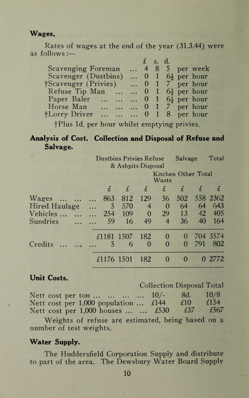 Wages. Rates of wages at the end of the year (31.3.44) were as follows:— Scavenging Foreman Scavenger (Dustbins) fScavenger (Privies) Refuse Tip Man Paper Baler Horse Man fLorry Driver £ s. d. 4 8 5 per week 0 1 per hour 0 17 per hour 0 1 6^ per hour 0 1 per hour 0 17 per hour 0 18 per hour fPlus Id. per hour whilst emptying privies. Analysis of Cost. Collection and Disposal of Refuse and Salvage. Dustbins Privies Refuse Salvage Total & Ashpits Disposal Kitchen Other Total Waste £ £ £ £ £ £ £ Wages ... 863 812 129 56 502 558 2362 Hired Haulage 5 570 4 0 64 64 643 Vehicles ... 254 109 0 29 13 42 405 Sundries ... 59 16 49 4 36 40 164 £1181 1507 182 0 0 704 3574 Credits ... ..^ ... 5 6 0 0 0 791 802 £1176 1501 182 0 0 0 2772 Unit Costs. Collection Disposal Total Nett cost per ton 10/- 8d. 10/8 Nett cost per 1,000 population ... £144 £10 £154 Nett cost per 1,000 houses £530 £37 £567 Weights of refuse are estimated, being based on a number of test weights. Water Supply. The Huddersfield Corporation Supply and distribute to part of the area. The Dewsbury Water Board Supply