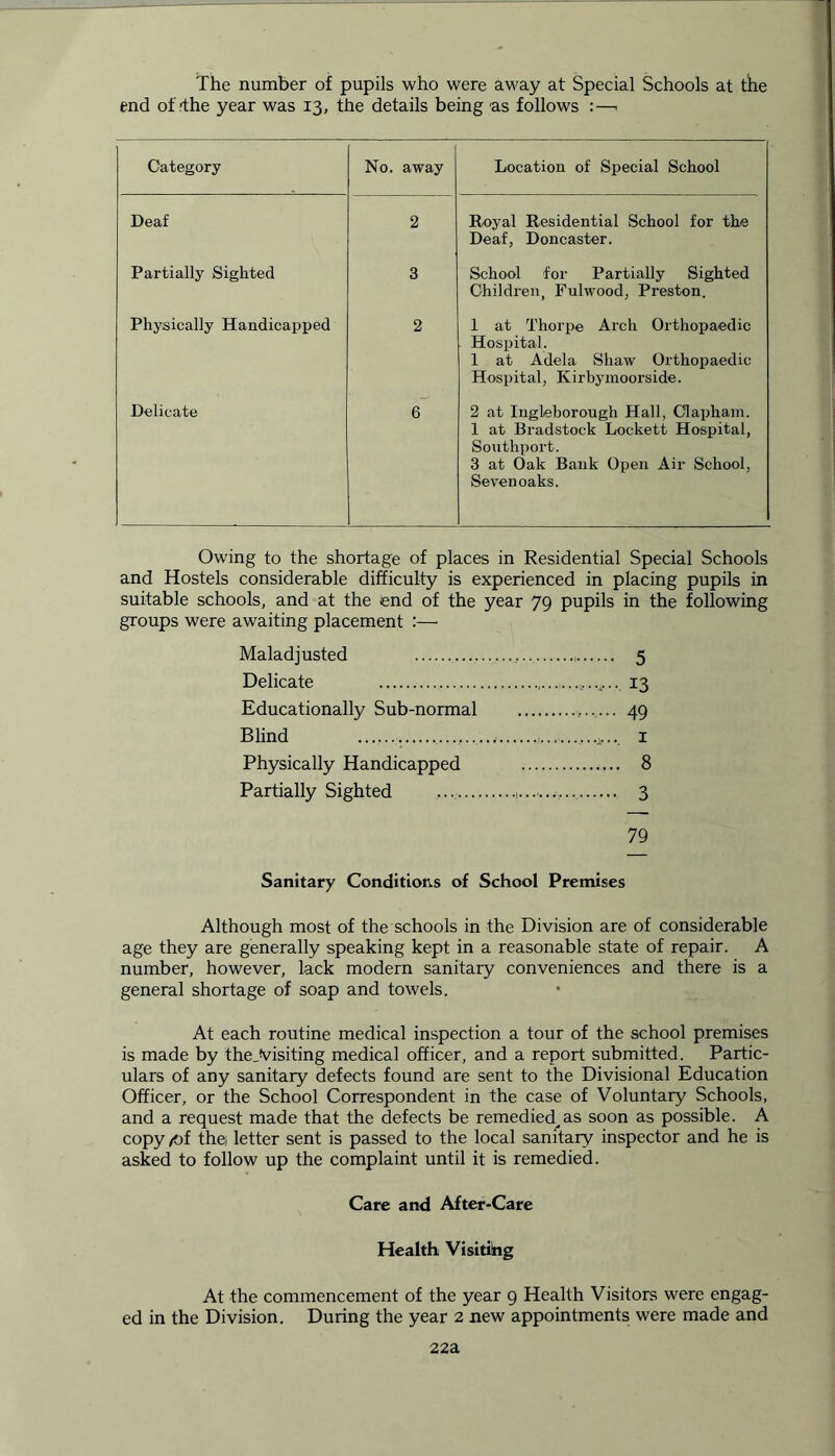 The number of pupils who were away at Special Schools at the end of-the year was 13, the details being as follows :—- Category No. away Location of Special School Deaf 2 Royal Residential School for the Deaf, Doncaster. Partially Sighted 3 School for Partially Sighted Children, Fulwood, Preston. Physically Handicapped 2 1 at Thorpe Arch Orthopaedic Hospital. 1 at Adela Shaw Orthox>aedie Hospital, Kirbymoorside. Delicate 6 2 at Iugleborough Hall, Clapliain. 1 at Bradstock Lockett Hospital, Southport. 3 at Oak Bank Open Air School, Sevenoaks. Owing to the shortage of places in Residential Special Schools and Hostels considerable difficulty is experienced in placing pupils in suitable schools, and at the end of the year 79 pupils in the following groups were awaiting placement :— Maladjusted . 5 Delicate 13 Educationally Sub-normal 49 Blind 1 Physically Handicapped 8 Partially Sighted 3 79 Sanitary Conditions of School Premises Although most of the schools in the Division are of considerable age they are generally speaking kept in a reasonable state of repair. A number, however, lack modern sanitary conveniences and there is a general shortage of soap and towels. At each routine medical inspection a tour of the school premises is made by the .Visiting medical officer, and a report submitted. Partic- ulars of any sanitary defects found are sent to the Divisional Education Officer, or the School Correspondent in the case of Voluntary Schools, and a request made that the defects be remedied,as soon as possible. A copy/of the letter sent is passed to the local sanitary inspector and he is asked to follow up the complaint until it is remedied. Care and After-Care Health Visiting At the commencement of the year 9 Health Visitors were engag- ed in the Division. During the year 2 new appointments were made and 22a