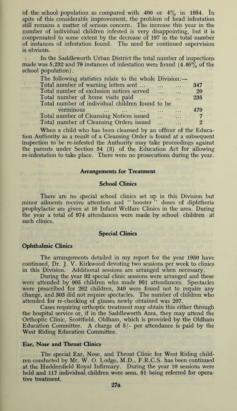 bf the school population as compared with 400 or 4% in 1954. In spite of this considerable improvement, the problem of head infestation still remains a matter of serious concern. The increase this year in the number of individual children infested is very disappointing, but it is compensated to some extent by the decrease of 197 in the total number of instances of infestation found. The need for continued supervision is obvious. In the Saddleworth Urban District the total number of inspections made was 5,232 and 79 instances of infestation were found (4.46% of the school population). The following statistics relate to the whole Division:— Total number of warning letters sent ... ... ... 347 Total number of exclusion notices served ... ... 20 Total number of home visits paid ... 235 Total number of individual children found to be verminous ... ... ... ... ... 479 Total number of Cleansing Notices issued ... ... 7 Total number of Cleansing Orders issued ... ... 2 When a child who has been cleansed by an officer of the Educa- tion Authority as a result of a Cleansing Order is found at a subsequent inspection to be re-infested the Authority may take proceedings against the parents under Section 54 (3) of the Education Act for allowing re-infestation to take place. There were no prosecutions during the year. Arrangements for Treatment School Clinics There are no special school clinics set up in this Division but minor ailments receive attention and “ booster ” doses of diphtheria prophylactic are given at 16 Infant Welfare Clinics in the area. During the year a total of 974 attendances were made by school children at such clinics. Special Clinics Ophthalmic Clinics The arrangements detailed in my report for the year 1950 have continued, Dr. J. V. Kirkwood devoting two sessions per week to clinics in this Division. Additional sessions are arranged when necessary. During the year 92 special clinic sessions were arranged and these were attended by 905 children who made 991 attendances. Spectacles were prescribed for 262 children, 340 were found not to require any change, and 303 did not require spectacles. The number of children who attended for re-checking of glasses newly obtained was 207. Cases requiring orthoptic treatment may obtain this either through the hospital service or, if in the Saddleworth Area, they may attend the Orthoptic Clinic, Scottfield, Oldham, which is provided by the Oldham Education Committee. A charge of 5/- per attendance is paid by the West Riding Education Committee. Ear, Nose and Throat Qinics The special Ear, Nose, and Throat Clinic for West Riding child- ren conducted by Mr. W. O. Lodge, M.D., F.R.C.S. has been continued at the Huddersfield Royal Infirmary. During the year 10 sessions were held and 117 individual children were seen, 51 being referred for opera- tive treatment. 27a