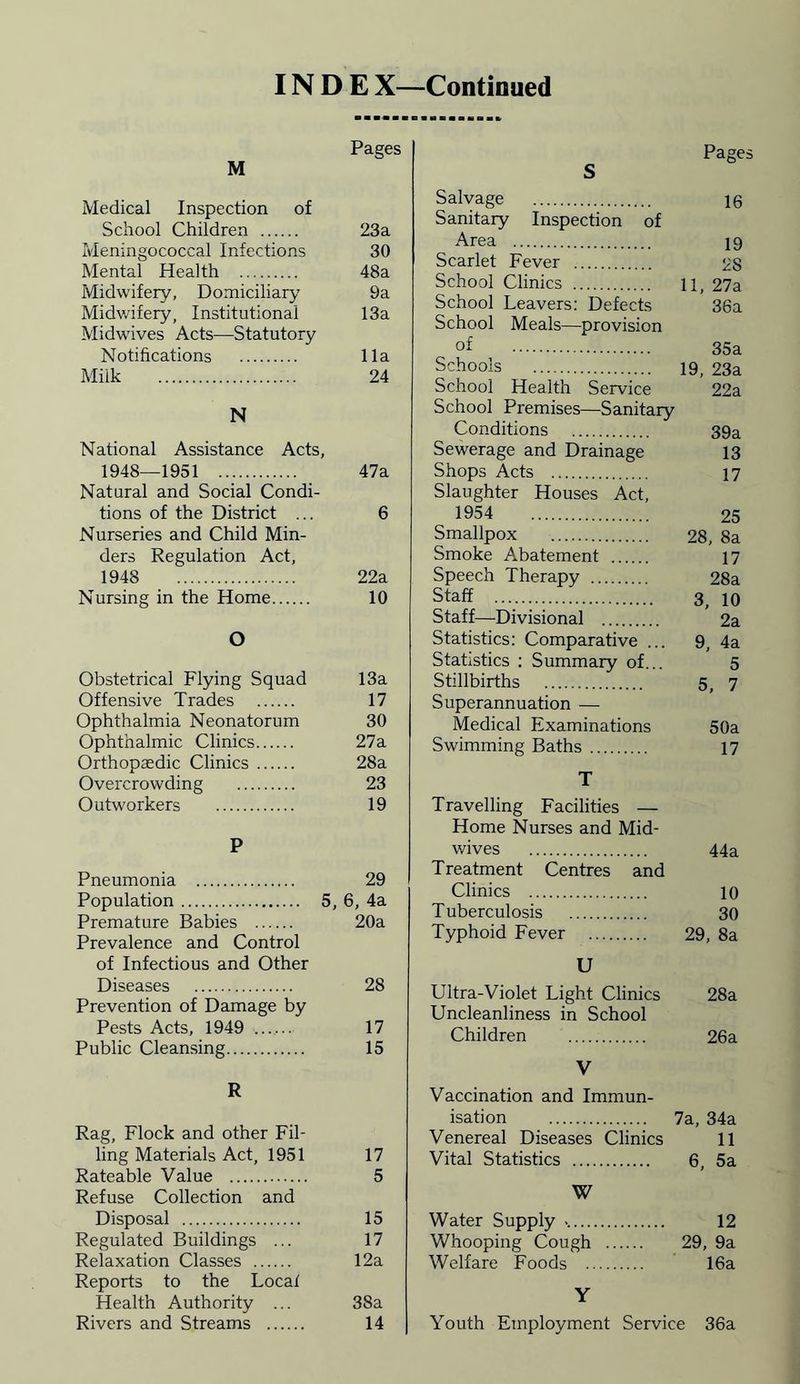 Pages M Medical Inspection of School Children 23a Meningococcal Infections 30 Mental Health 48a Midwifery, Domiciliary 9a Midwifery, Institutional 13a Midwives Acts—Statutory Notifications 11a Milk 24 N National Assistance Acts, 1948—1951 47a Natural and Social Condi- tions of the District ... 6 Nurseries and Child Min- ders Regulation Act, 1948 22a Nursing in the Home 10 O Obstetrical Flying Squad 13a Offensive Trades 17 Ophthalmia Neonatorum 30 Ophthalmic Clinics 27a Orthopaedic Clinics 28a Overcrowding 23 Outworkers 19 P Pneumonia 29 Population 5, 6, 4a Premature Babies 20a Prevalence and Control of Infectious and Other Diseases 28 Prevention of Damage by Pests Acts, 1949 ....... 17 Public Cleansing 15 R Rag, Flock and other Fil- ling Materials Act, 1951 17 Rateable Value 5 Refuse Collection and Disposal 15 Regulated Buildings ... 17 Relaxation Classes 12a Reports to the Local Health Authority ... 38a Rivers and Streams 14 Pages S Salvage 16 Sanitary Inspection of Area 19 Scarlet Fever 2S School Clinics n, 27a School Leavers: Defects 36a School Meals—provision °£ 35a Schools 19, 23a School Health Service 22a School Premises—Sanitary Conditions 39a Sewerage and Drainage 13 Shops Acts 17 Slaughter Houses Act, 1954 25 Smallpox 28, 8a Smoke Abatement 17 Speech Therapy 28a Staff 3, 10 Staff—Divisional 2a Statistics: Comparative ... 9, 4a Statistics : Summary of... 5 Stillbirths 5, 7 Superannuation — Medical Examinations 50a Swimming Baths 17 T Travelling Facilities — Home Nurses and Mid- wives 44a Treatment Centres and Clinics 10 Tuberculosis 30 Typhoid Fever 29, 8a U Ultra-Violet Light Clinics 28a Uncleanliness in School Children 26a V Vaccination and Immun- isation 7a, 34a Venereal Diseases Clinics 11 Vital Statistics 6, 5a W Water Supply •. 12 Whooping Cough 29, 9a Welfare Foods 16a Y Youth Employment Service 36a