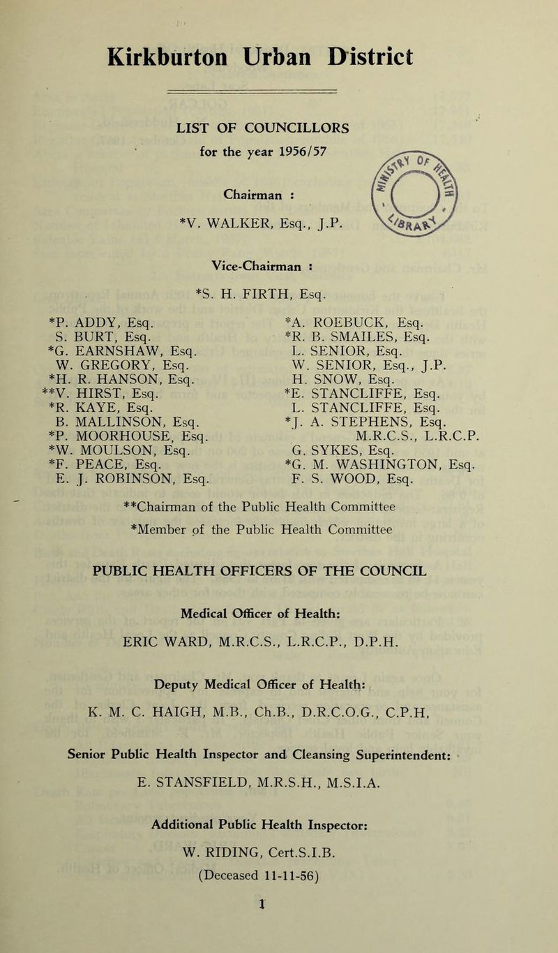 Kirkburton Urban District LIST OF COUNCILLORS for the year 1956/57 Chairman : *V. WALKER, Esq., J.P. Vice-Chairman : *S. H. FIRTH, Esq. *P. ADDY, Esq. S. BURT, Esq. *G. EARNSHAW, Esq. W. GREGORY, Esq. *H. R. HANSON, Esq. **V. HIRST, Esq. *R. KAYE, Esq. B. MALLINSON, Esq. *P. MOORHOUSE, Esq. *W. MOULSON, Esq. *F. PEACE, Esq. E. J. ROBINSON, Esq. *A. ROEBUCK, Esq. *R. B. SMAILES, Esq. L. SENIOR, Esq. W. SENIOR, Esq., J.P. H. SNOW, Esq. *E. STANCLIFFE, Esq. L. STANCLIFFE, Esq. *}. A. STEPHENS, Esq. M.R.C.S., L.R.C.P. G. SYKES, Esq. *G. M. WASHINGTON, Esq. F. S. WOOD, Esq. **Chairman of the Public Health Committee *Member of the Public Health Committee PUBLIC HEALTH OFFICERS OF THE COUNCIL Medical Officer of Health: ERIC WARD, M.R.C.S., L.R.C.P., D.P.H. Deputy Medical Officer of Health: K. M. C. HAIGH, M.B., Ch.B., D.R.C.O.G., C.P.H, Senior Public Health Inspector and Cleansing Superintendent: E. STANSFIELD, M.R.S.H., M.S.I.A. Additional Public Health Inspector: W. RIDING, Cert.S.I.B. (Deceased 11-11-56)