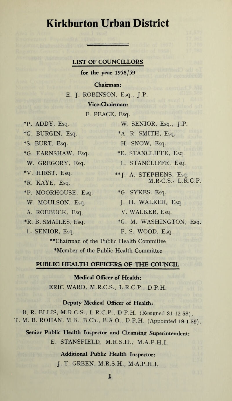 Kirkburton Urban District *P. ADDY, Esq. *G. BURGIN, Esq. *S. BURT, Esq. *G- EARNSHAW, Esq. W. GREGORY, Esq. *V. HIRST, Esq. *R. KAYE, Esq. *P. MOORHOUSE, Esq. W. MOULSON, Esq. A. ROEBUCK, Esq. *R. B. SMAILES, Esq. U SENIOR, Esq. LIST OF COUNCILLORS for the year 1958/59 Chairman: E. J. ROBINSON, Esq., J.P. Vice-Chairman: F- PEACE, Esq. W. SENIOR, Esq., J.P. *A. R. SMITH, Esq. H. SNOW, Esq. *E. STANCLIFFE, Esq. L. STANCLIFFE, Esq. **J. A. STEPHENS, Esq. M.R-C.S.- L.R.C.P. *G. SYKES. Esq. J. H. WALKER, Esq. V. WALKER, Esq. *G. M. WASHINGTON, Esq. F. S. WOOD, Esq. **Chairman of the Public Health Committee *Member of the Public Health Committee PUBLIC HEALTH OFFICERS OF THE COUNCIL Medical Officer of Health: ERIC WARD, M.R.C.S., L.R.C.P., D.P.H. Deputy Medical Officer of Health: B. R. ELLIS, M.R.C.S., L.R.C.P., D.P.H. (Resigned 31-12-58). T. M. B. ROHAN, M B, B.Ch., B.A.O., D.P.H. (Appointed 19-1-59). Senior Public Health Inspector and Cleansing Superintendent: E. STANSFIELD, M.R.S.H., M.A.P.H.I. Additional Public Health Inspector: J. T. GREEN, M.R.S.H., M A.P.H.I.