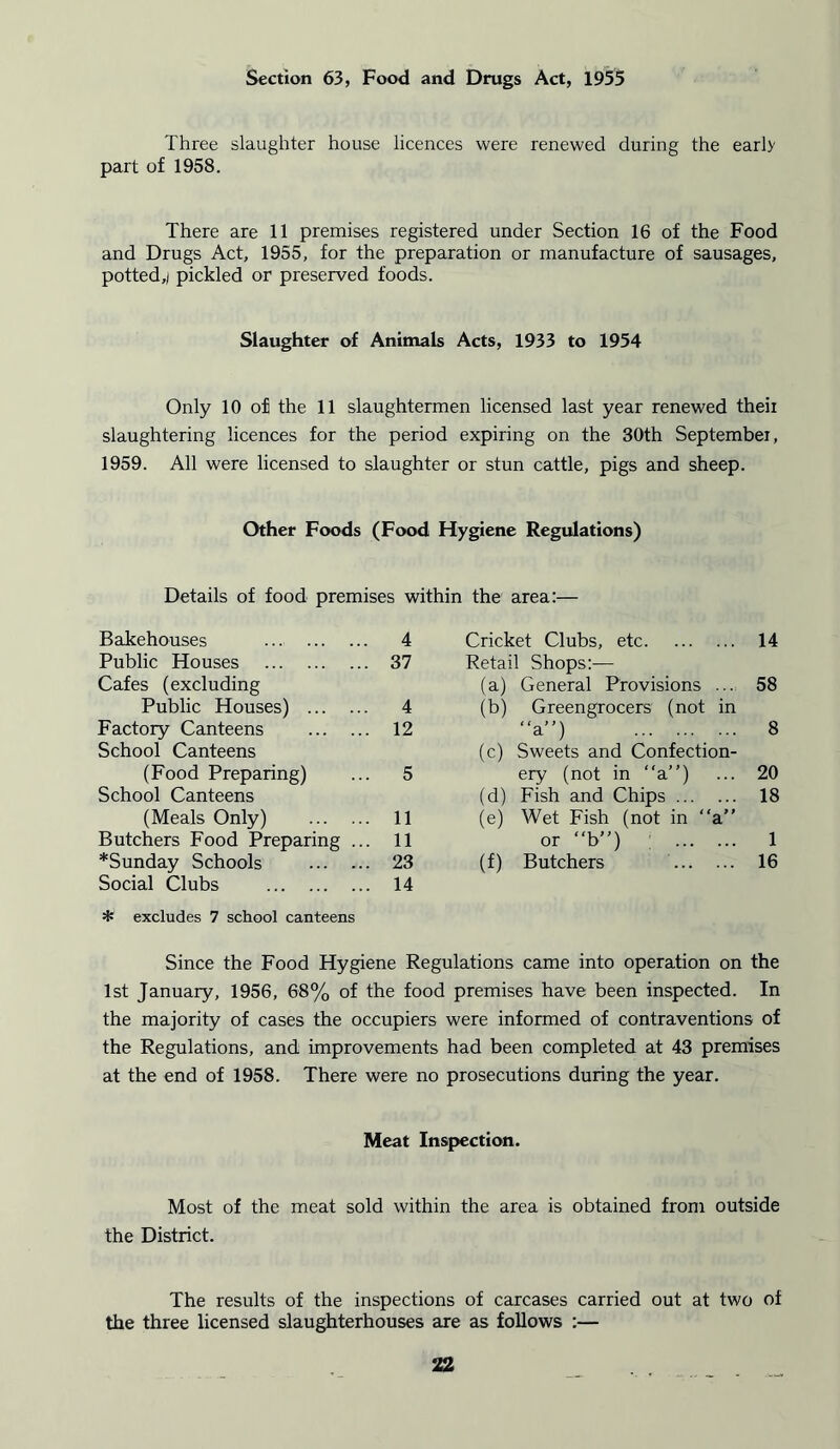Section 63, Food and Drugs Act, 1955 Three slaughter house licences were renewed during the early part of 1958. There are 11 premises registered under Section 16 of the Food and Drugs Act, 1955, for the preparation or manufacture of sausages, potted,) pickled or preserved foods. Slaughter of Animals Acts, 1933 to 1954 Only 10 of the 11 slaughtermen licensed last year renewed theii slaughtering licences for the period expiring on the 30th September, 1959. All were licensed to slaughter or stun cattle, pigs and sheep. Other Foods (Food Hygiene Regulations) Details of food premises within the area:— Bakehouses 4 Cricket Clubs, etc 14 Public Houses . 37 Retail Shops:— Cafes (excluding (a) General Provisions ... 58 Public Houses) 4 (b) Greengrocers (not in “a”) ... Factory Canteens . 12 8 School Canteens (c) Sweets and Confection- (Food Preparing) . 5 ery (not in “a”) 20 School Canteens (d) Fish and Chips 18 (Meals Only) . 11 (e) Wet Fish (not in “a” Butchers Food Preparing .. . 11 or “b”) ; 1 *Sunday Schools . 23 (f) Butchers 16 Social Clubs . 14 * excludes 7 school canteens Since the Food Hygiene Regulations came into operation on the 1st January, 1956, 68% of the food premises have been inspected. In the majority of cases the occupiers were informed of contraventions of the Regulations, and improvements had been completed at 43 premises at the end of 1958. There were no prosecutions during the year. Meat Inspection. Most of the meat sold within the area is obtained from outside the District. The results of the inspections of carcases carried out at two of the three licensed slaughterhouses are as follows :—