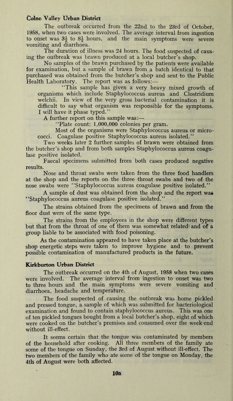 Colne Valley Urban District The outbreak occurred from the 22nd to the 23rd of October, 1958, when two cases were involved. The average interval from ingestion to onset was 3J to 8| hours, and the main symptoms were severe vomiting and diarrhoea. The duration of illness was 24 hours. The food suspected of caus- ing the outbreak was brawn produced at a local butcher’s shop. No samples of the brawn purchased by the patients were available for examination, but a sample of brawn from a batch identical to that purchased was obtained from the butcher’s shop and sent to the Public Health Laboratory. The report was as follows:— “This sample has given a very heavy mixed growth of organisms which include Staphylococcus aureus and Clostridium welchii. In view of the very gross bacterial contamination it is difficult to say what organism was responsible for the symptoms. I will have it phase typed.’’ A further report on this sample was:— “Plate count: 1,000,000 colonies per gram. Most of the organisms were Staphylococcus aureus or micro- cocci. Coagulase positive Staphylococcus aureus isolated.’’ Two weeks later 2 further! samples of brawn were obtained from the butcher’s shop and from both samples Staphylococcus aureus coagu- lase positive isolated. Faecal specimens submitted from both cases produced negative results. Nose and throat swabs were taken from the three food handlers at the shop and the reports on the three throat swabs and two of the nose swabs were “Staphylococcus aureus coagulase positive isolated.’’ A sample of dust was obtained from the shop and' the report was “Staphylococcus aureus coagulase positive isolated.” The strains obtained from the specimens of brawn and from the floor dust were of the same type. The strains from the employees in the shop were different types but that from the throat of one of them was somewhat related1 and of a group liable to be associated with food poisoning. As the contamination appeared to have taken place at the butcher’s shop energetic steps were taken to improve hygiene and to prevent possible contamination of manufactured products in the future. Kirkburton Urban District The outbreak occurred on the 4th of August, 1958 when two cases were involved. The average interval from ingestion to onset was two to three hours and the main symptoms were severe vomiting and diarrhoea, headache and temperature. The food suspected of causing the outbreak was home pickled and pressed tongue, a sample of which was submitted for bacteriological examination and found to contain staphylococcus aureus. This was one of ten pickled tongues bought from a local butcher’s shop, eight of which were cooked on the butcher’s premises and consumed over the week-end without ill-effect. It seems certain that the tongue was contaminated by members of the household after cooking. All three members of the family ate some of the tongue on Sunday, the 3rd of August without ill-effect. The two members of the family who ate some of the tongue on Monday, the 4th, of August were both affected. 10a
