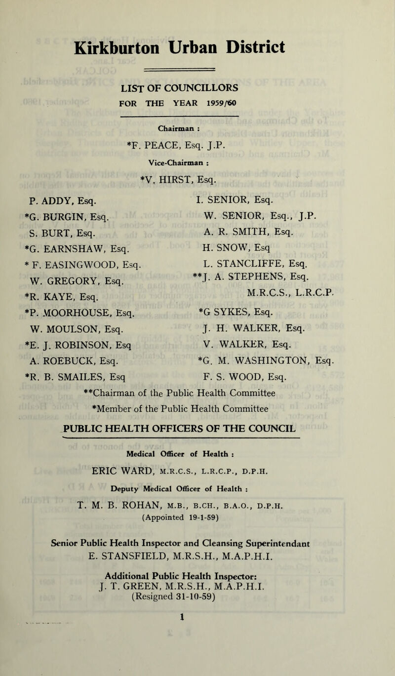 Kirkburton Urban District LIST OF COUNCILLORS FOR THE YEAR 1959/SO Chairman : *F. PEACE, Esq. J.P. Vice-Chairman : *V. HIRST, Esq. I. SENIOR, Esq. W. SENIOR, Esq., J.P. A. R. SMITH, Esq. H. SNOW, Esq L. STANCLIFFE, Esq. **J. A. STEPHENS, Esq. M.R.C.S., L.R.C.P. *G SYKES, Esq. J. H. WALKER, Esq. V. WALKER, Esq. *G. M. WASHINGTON, Esq. F. S. WOOD, Esq. **Chairman of the Public Health Committee “Member of the Public Health Committee PUBLIC HEALTH OFFICERS OF THE COUNCIL Medical Officer of Health : ERIC WARD, m.r.c.s., l.r.c.p., d.p.h. Deputy Medical Officer of Health : T. M. B. ROHAN, m.b., b.ch., b.a.o., d.p.h. (Appointed 19-1-59) Senior Public Health Inspector and Cleansing Superintendant E. STANSFIELD, M.R.S.H., M.A.P.H.I. Additional Public Health Inspector: J. T. GREEN, M.R.S.H., M.A.P.H.I. (Resigned 31-10-59) P. ADDY, Esq. *G. BURGIN, Esq. S. BURT, Esq. *G. EARNSHAW, Esq. * F. EASINGWOOD, Esq. W. GREGORY, Esq. *R. KAYE, Esq. *P. MOORHOUSE, Esq. W. MOULSON, Esq. *E. J. ROBINSON, Esq A. ROEBUCK, Esq. *R. B. SMAILES, Esq