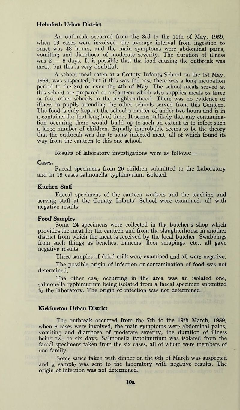 Holmfirth Urbafi District An outbreak occurred from the 3rd to the 11th of May, 1959, when 19 cases were involved, the average interval from ingestion to onset was 48 hours, and the main symptoms were abdominal pains, vomiting and diarrhoea of moderate severity. The duration of illness was 2 — 5 days. It is possible that the food causing the outbreak was meat, but this is very doubtful. A school meal eaten at a County Infants School on the 1st May, 1959, was suspected, but if this was the case there was a long incubation period to the 3rd or even the 4th of1 May. The school meals served at this school are prepared at a Canteen which also supplies meals to three or four other schools in the neighbourhood. There was no evidence of illness in pupils attending the other schools served from this Canteen. The food is only kept at the school a matter of under two hours and is in a container for that length of time. It seems unlikely that any contamina- tion occuring there would build up to such an extent as to infect such a large number of children. Equally improbable seems to be the theory that the outbreak was due to some infected meat, all of which found its way from the canteen to this one school. Results of laboratory investigations were as follows:— Cases. Faecal specimens from 20 children submitted to the Laboratory and in 19 cases salmonella typhimurium isolated. Kitchen Staff Faecal specimens of the canteen workers and the teaching and serving staff at the County Infants’ School were examined, all with negative results. Food Samples Some 24 specimens were collected in the butcher’s shop which provides the meat for the canteen and from the slaughterhouse in another district from which the meat is received by the local butcher. Swabbings from such things as benches, mincers, floor scrapings, etc., all gave negative results. Three samples of dried milk were examined and all were negative. The possible origin of infection or contamination of food was not determined. The other case occurring in the area was an isolated one, salmonella typhimurium being isolated from a faecal specimen submitted to the laboratory. The origin of infection was not determined. Kirkburton Urban District The outbreak occurred from the 7th to the 19th March, 1959, when 6 cases were involved, the main symptoms were abdominal pains, vomiting and diarrhoea of moderate severity, the duration of illness being two to six days. Salmonella typhimurium was isolated from the faecal specimens taken from the six cases, all of whom were members of one family. Some sauce taken with dinner on the 6th of March was suspected and a sample was sent to the laboratory with negative results. The origin of infection was not determined. 10a
