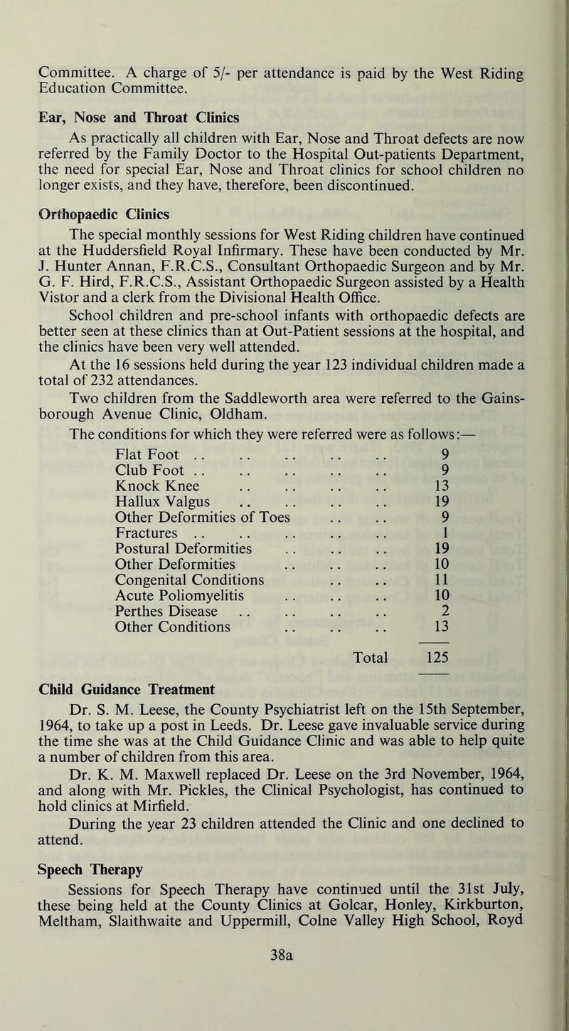 Committee. A charge of 5/- per attendance is paid by the West Riding Education Committee. Ear, Nose and Throat Clinics As practically all children with Ear, Nose and Throat defects are now referred by the Family Doctor to the Hospital Out-patients Department, the need for special Ear, Nose and Throat clinics for school children no longer exists, and they have, therefore, been discontinued. Orthopaedic Clinics The special monthly sessions for West Riding children have continued at the Huddersfield Royal Infirmary. These have been conducted by Mr. J. Hunter Annan, F.R.C.S., Consultant Orthopaedic Surgeon and by Mr. G. F. Hird, F.R.C.S., Assistant Orthopaedic Surgeon assisted by a Health Vistor and a clerk from the Divisional Health Office. School children and pre-school infants with orthopaedic defects are better seen at these clinics than at Out-Patient sessions at the hospital, and the clinics have been very well attended. At the 16 sessions held during the year 123 individual children made a total of 232 attendances. Two children from the Saddleworth area were referred to the Gains- borough Avenue Clinic, Oldham. The conditions for which they were referred were as follows:— Flat Foot .. .. .. .. .. 9 Club Foot .. .. .. .. .. 9 Knock Knee .. .. .. .. 13 Hallux Valgus .. .. .. .. 19 Other Deformities of Toes .. .. 9 Fractures .. .. .. .. .. 1 Postural Deformities .. .. .. 19 Other Deformities .. .. .. 10 Congenital Conditions .. .. 11 Acute Poliomyelitis .. .. .. 10 Perthes Disease .. .. .. .. 2 Other Conditions .. .. .. 13 Total 125 Child Guidance Treatment Dr. S. M. Leese, the County Psychiatrist left on the 15th September, 1964, to take up a post in Feeds. Dr. Leese gave invaluable service during the time she was at the Child Guidance Clinic and was able to help quite a number of children from this area. Dr. K. M. Maxwell replaced Dr. Leese on the 3rd November, 1964, and along with Mr. Pickles, the Clinical Psychologist, has continued to hold clinics at Mirfield. During the year 23 children attended the Clinic and one declined to attend. Speech Therapy Sessions for Speech Therapy have continued until the 31st July, these being held at the County Clinics at Golcar, Honley, Kirkburton, Meltham, Slaithwaite and Uppermill, Colne Valley High School, Royd 38a