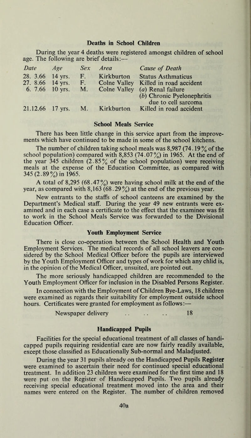 During the year 4 deaths were registered amongst children of school age. The following are brief details:— Date Age Sex Area Cause of Death 28. 3.66 14 yrs. F. Kirkburton Status Asthmaticus 27. 8.66 14 yrs. F. Colne Valley Killed in road accident 6. 7.66 10 yrs. M. Colne Valley {a) Renal failure (b) Chronic Pyelonephritis due to cell sarcoma 21.12.66 17 yrs. M. Kirkburton Killed in road accident School Meals Service There has been little change in this service apart from the improve- ments which have continued to be made in some of the school kitchens. The number of children taking school meals was 8,987 (74.19 % of the school population) compared with 8,853 (74.07%) in 1965. At the end of the year 345 children (2.85% of the school population) were receiving meals at the expense of the Education Committee, as compared with 345 (2.89%) in 1965. A total of 8,295 (68.47%) were having school milk at the end of the year, as compared with 8,163 (68.29 %) at the end of the previous year. New entrants to the staffs of school canteens are examined by the Department’s Medical staff. During the year 49 new entrants were ex- amined and in each case a certificate to the effect that the examinee was fit to work in the School Meals Service was forwarded to the Divisional Education Officer. Youth Employment Service There is close co-operation between the School Health and Youth Employment Services. The medical records of all school leavers are con- sidered by the School Medical Officer before the pupils are interviewed by the Youth Employment Officer and types of work for which any chlid is, in the opinion of the Medical Officer, unsuited, are pointed out. The more seriously handicapped children are recommended to the Youth Employment Officer for inclusion in the Disabled Persons Register. In connection with the Employment of Children Bye-Laws, 18 children were examined as regards their suitability for employment outside school hours. Certificates were granted for employment as follows:— Newspaper delivery .. .. .. 18 Handicapped Pupils Facilities for the special educational treatment of all classes of handi- capped pupils requiring residential care are now fairly readily available, except those classified as Educationally Sub-normal and Maladjusted. During the year 31 pupils already on the Handicapped Pupils Register were examined to ascertain their need for continued special educational treatment. In addition 23 children were examined for the first time and 18 were put on the Register of Handicapped Pupils. Two pupils already receiving special educational treatment moved into the area and their names were entered on the Register. The number of children removed 40a