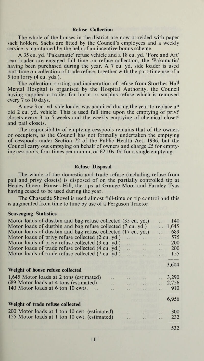 Refuse Collection The whole of the houses in the district are now provided with paper sack holders. Sacks are fitted by the Council’s employees and a weekly service is maintained by the help of an incentive bonus scheme. A 35 cu. yd. ‘Pakamatic’ refuse vehicle and a 18 cu. yd. ‘Fore and Aft’ rear loader are engaged full time on refuse collection, the ‘Pakamatic’ having been purchased during the year. A 7 cu. yd. side loader is used part-time on collection of trade refuse, together with the part-time use of a 5 ton lorry (4 cu. yds.). The collection, sorting and incineration of refuse from Storthes Hall Mental Hospital is organised by the Hospital Authority, the Council having supplied a trailer for burnt or surplus refuse which is removed every 7 to 10 days. A new 3 cu. yd. side loader was acquired during the year to replace an old 2 cu. yd. vehicle. This is used full time upon the emptying of privY closets every 3 to 5 weeks and the weekly emptying of chemical closets and pail closets. The responsibility of emptying cesspools remains that of the owners or occupiers, as the Council has not formally undertaken the emptying of cesspools under Section 72 of the Public Health Act, 1936, but the Council carry out emptying on behalf of owners and charge £5 for empty- ing cesspools, four times per annum, or £2 10s. Od for a single emptying. Refuse Disposal The whole of the domestic and trade refuse (including refuse from pail and privy closets) is disposed of on the partially controlled tip at Healey Green, Houses Hill, the tips at Grange Moor and Farnley Tyas having ceased to be used during the year. The Chaseside Shovel is used almost full-time on tip control and this is augmented from time to time by use of a Ferguson Tractor. Scavenging Statistics Motor loads of dustbin and bag refuse collected (35 cu. yd.) Motor loads of dustbin and bag refuse collected (7 cu. yd.) Motor loads of dustbin and bag refuse collected (17 cu. yd.) Motor loads of privy refuse collected (2 cu. yd.) Motor loads of privy refuse collected (3 cu. yd.) Motor loads of trade refuse collected (4 cu. yd.) Motor loads of trade refuse collected (7 cu. yd.) 140 .. 1,645 .. 689 575 .. 200 .. 200 155 Weight of house refuse collected 3,604 1,645 Motor loads at 2 tons (estimated) 689 Motor loads at 4 tons (estimated) 140 Motor loads at 6 ton 10 cwts. .. 3,290 .. 2,756 910 Weight of trade refuse collected 6,956 200 Motor loads at 1 ton 10 cwt. (estimated) 155 Motor loads at 1 ton 10 cwt. (estimated) 300 .. 232 532