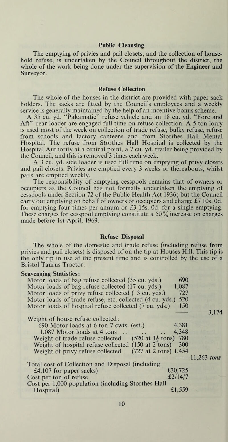 Public Cleansing The emptying of privies and pail closets, and the collection of house- hold refuse, is undertaken by the Council throughout the district, the whole of the work being done under the supervision of the Engineer and Surveyor. Refuse Collection The whole of the houses in the district are provided with paper sack holders. The sacks are fitted by the Council’s employees and a weekly service is generally maintained by the help of an incentive bonus scheme. A 35 cu. yd. “Pakamatic” refuse vehicle and an 18 cu. yd. “Fore and Aft” rear loader are engaged full time on refuse collection. A 5 ton lorry is used most of the week on collection of trade refuse, bulky refuse, refuse from schools and factory canteens and from Storthes Hall Mental Hospital. The refuse from Storthes Hall Hospital is collected by the Hospital Authority at a central point, a 7 cu. yd. trailer being provided by the Council, and this is removed 3 times each week. A 3 cu. yd. side loader is used full time on emptying of privy closets and pail closets. Privies are emptied every 3 weeks or thereabouts, whilst pails are emptied weekly. The responsibility of emptying cesspools remains that of owners or occupiers as the Council has not formally undertaken the emptying of cesspools under Section 72 of the Public Health Act 1936; but the Council carry out emptying on behalf of owners or occupiers and charge £7 10s. Od. for emptying four times per annum or £3 15s. Od. for a single emptying. These charges for cesspool emptying constitute a 50% increase on charges made before 1st April, 1969. Refuse Disposal The whole of the domestic and trade refuse (including refuse from privies and pail closets) is disposed of on the tip at Houses Hill. This tip is the only tip in use at the present time and is controlled by the use of a Bristol Taurus Tractor. Scavenging Statistics: Motor loads of bag refuse collected (35 cu. yds.) 690 Motor loads of bag refuse collected (17 cu. yds.) 1,087 Motor loads of privy refuse collected ( 3 cu. yds.) 727 Motor loads of trade refuse, etc. collected (4 cu. yds.) 520 Motor loads of hospital refuse collected (7 cu. yds.) 150 —- 3,174 Weight of house refuse collected: 690 Motor loads at 6 ton 7 cwts. (est.) 4,381 1,087 Motor loads at 4 tons .. .. .. 4,348 Weight of trade refuse collected (520 at \\ tons) 780 Weight of hospital refuse collected (150 at 2 tons) 300 Weight of privy refuse collected (727 at 2 tons) 1,454 11,263 tons Total cost of Collection and Disposal (including £4,107 for paper sacks) £30,725 Cost per ton of refuse £2/14/7 Cost per 1,000 population (including Storthes Hall Hospital) £1,559