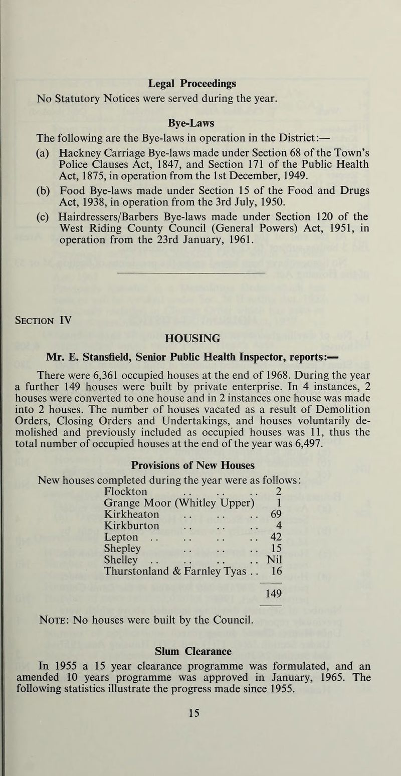 Legal Proceedings No Statutory Notices were served during the year. Bye-Laws The following are the Bye-laws in operation in the District:— (a) Hackney Carriage Bye-laws made under Section 68 of the Town’s Police Clauses Act, 1847, and Section 171 of the Public Health Act, 1875, in operation from the 1st December, 1949. (b) Food Bye-laws made under Section 15 of the Food and Drugs Act, 1938, in operation from the 3rd July, 1950. (c) Hairdressers/Barbers Bye-laws made under Section 120 of the West Riding County Council (General Powers) Act, 1951, in operation from the 23rd January, 1961. Section IV HOUSING Mr. E. Stansfield, Senior Public Health Inspector, reports:— There were 6,361 occupied houses at the end of 1968. During the year a further 149 houses were built by private enterprise. In 4 instances, 2 houses were converted to one house and in 2 instances one house was made into 2 houses. The number of houses vacated as a result of Demolition Orders, Closing Orders and Undertakings, and houses voluntarily de- molished and previously included as occupied houses was 11, thus the total number of occupied houses at the end of the year was 6,497. Provisions of New Houses New houses completed during the year were as follows: Flockton .. .. .. 2 Grange Moor (Whitley Upper) 1 Kirkheaton .. .. 69 Kirkburton .. .. .. 4 Lepton .. .. .. .. 42 Shepley .. .. .. 15 Shelley Nil Thurstonland & Farnley Tyas .. 16 149 Note: No houses were built by the Council. Slum Clearance In 1955 a 15 year clearance programme was formulated, and an amended 10 years programme was approved in January, 1965. The following statistics illustrate the progress made since 1955.