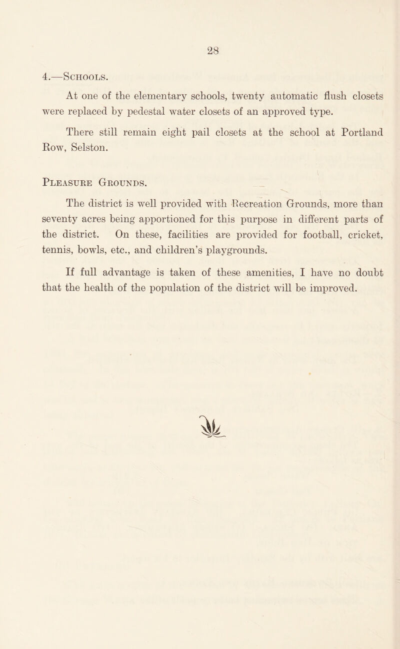 4.—Schools. At one of the elementary schools, twenty automatic flush closets were replaced by pedestal water closets of an approved type. There still remain eight pail closets at the school at Portland Row, Selston. Pleasure Grounds. The district is well provided with Recreation Grounds, more than seventy acres being apportioned for this purpose in different parts of the district. On these, facilities are provided for football, cricket, tennis, bowls, etc., and children’s playgrounds. If full advantage is taken of these amenities, I have no doubt that the health of the population of the district will be improved.