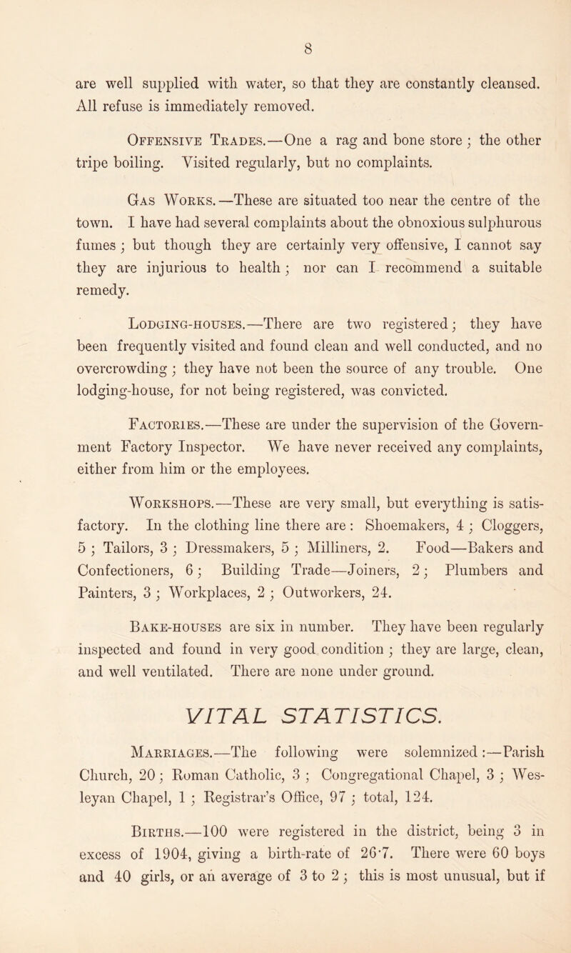 are well supplied with water, so that they are constantly cleansed. All refuse is immediately removed. Offensive Trades.—One a rag and bone store ; the other tripe boiling. Visited regularly, but no complaints. Gas Works.—These are situated too near the centre of the town. I have had several complaints about the obnoxious sulphurous fumes ; but though they are certainly very offensive, I cannot say they are injurious to health ; nor can I recommend a suitable remedy. Lodging-houses.—There are two registered; they have been frequently visited and found clean and well conducted, and no overcrowding ; they have not been the source of any trouble. One lodging-house, for not being registered, was convicted. Factories.—These are under the supervision of the Govern- ment Factory Inspector. We have never received any complaints, either from him or the employees. Workshops.—These are very small, but everything is satis- factory. In the clothing line there are : Shoemakers, 4 ; Cloggers, 5 ; Tailors, 3 ; Dressmakers, 5 ; Milliners, 2. Food—Bakers and Confectioners, 6; Building Trade—Joiners, 2; Plumbers and Painters, 3 ; Workplaces, 2 ; Outworkers, 24. Bake-houses are six in number. They have been regularly inspected and found in very good condition ; they are large, clean, and well ventilated. There are none under ground. VITAL STATISTICS. Marriages.—The following were solemnized :—Parish Church, 20; Roman Catholic, 3 ; Congregational Chapel, 3 ; Wes- leyan Chapel, 1 ; Registrar’s Office, 97 ; total, 124. Births.—100 were registered in the district, being 3 in excess of 1904, giving a birth-rate of 26‘7. There were 60 boys and 40 girls, or an average of 3 to 2 ; this is most unusual, but if