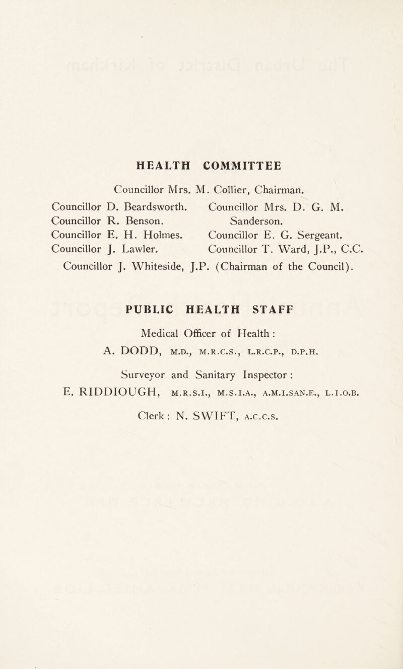 HEALTH COMMITTEE Councillor Mrs. M. Collier, Chairman. Councillor D. Beardsworth. Councillor R. Benson. Councillor E. H. Holmes. Councillor J. Lawler. Councillor Mrs. D. G. M. Sanderson. Councillor E. G. Sergeant. Councillor T. Ward, J.P., C.C. Councillor J. Whiteside, J.P. (Chairman of the Council). PUBLIC HEALTH STAFF Medical Officer of Health : A. DODD, M.D., M.R.C.S., L.R.C.P., D.P.H. Surveyor and Sanitary Inspector : E. RIDDIOUGH, m.r.s.i., m.s.i.a., a.m.i.san.e., l.i.o.b. Clerk: N. SWIFT, a.c.c.s.