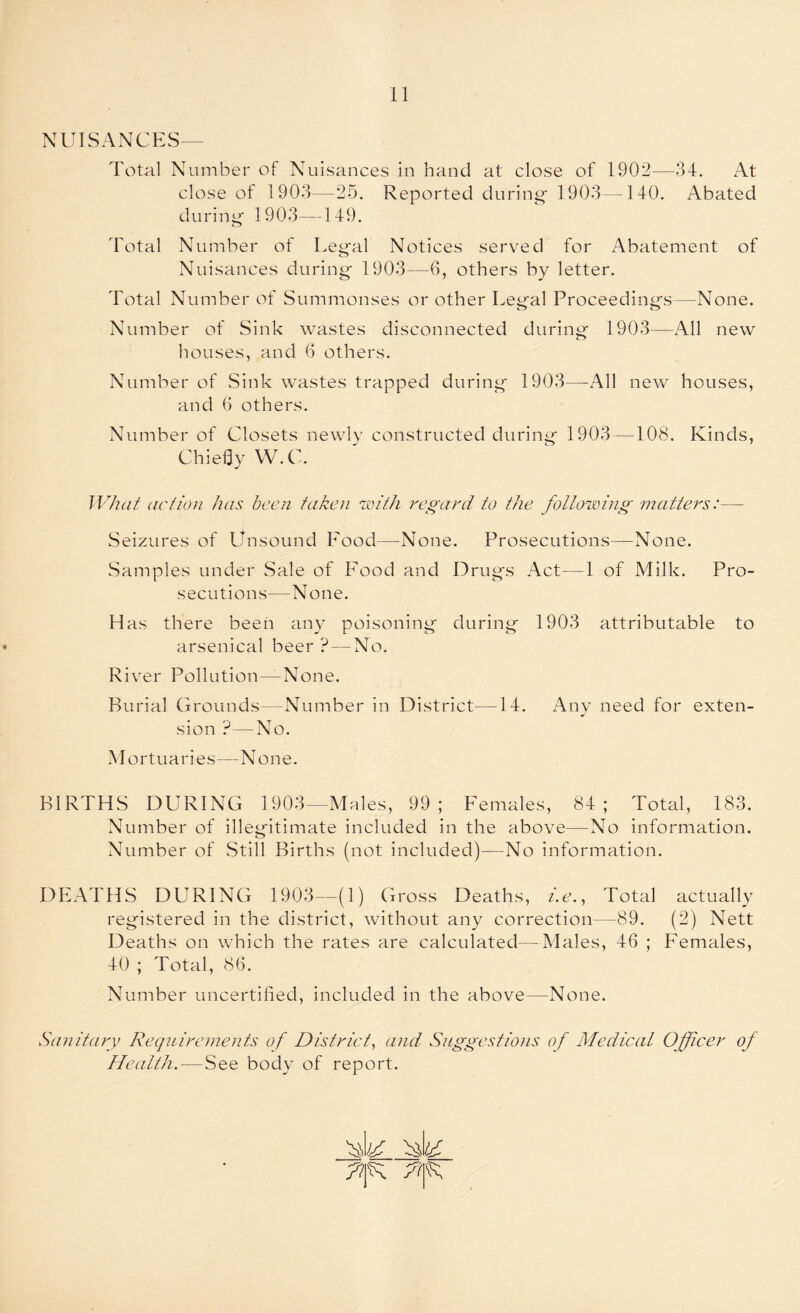 NUISANCES— Total Number of Nuisances in hand at close of 1902—34. At close ot 1903—25. Reported during1 1903—140. Abated during 1903—149. Total Number of Legal Notices served for Abatement of Nuisances during 1903—6, others by letter. Total Number of Summonses or other Legal Proceedings—None. Number of Sink wastes disconnected during 1903—All new houses, and 6 others. Number of Sink wastes trapped during 1903—-All new houses, and 6 others. Number of Closets newly constructed during 1903—108. Kinds, Chiefly W.C. What action has been taken with regard to the following matters:— Seizures of Unsound Food—None. Prosecutions—None. Samples under Sale of Food and Drugs Act—1 of Milk. Pro- secutions—None. Has there been any poisoning during 1903 attributable to arsenical beer ? — No. River Pollution—None. Burial Grounds—Number in District—14. Any need for exten- sion ?—No. Mortuaries—None. BIRTHS DURING 1903—Males, 99; Females, 84; Total, 183. Number of illegitimate included in the above—No information. Number of Still Births (not included)—No information. DEATHS DURING 1903—(1) Gross Deaths, i.e., Total actually registered in the district, without any correction—89. (2) Nett Deaths on which the rates are calculated—Males, 46 ; Females, 40 ; Total, 86. Number uncertified, included in the above—None. Sanitary Requirements of District, and Suggestions of Medical Officer of Health.—See body of report.