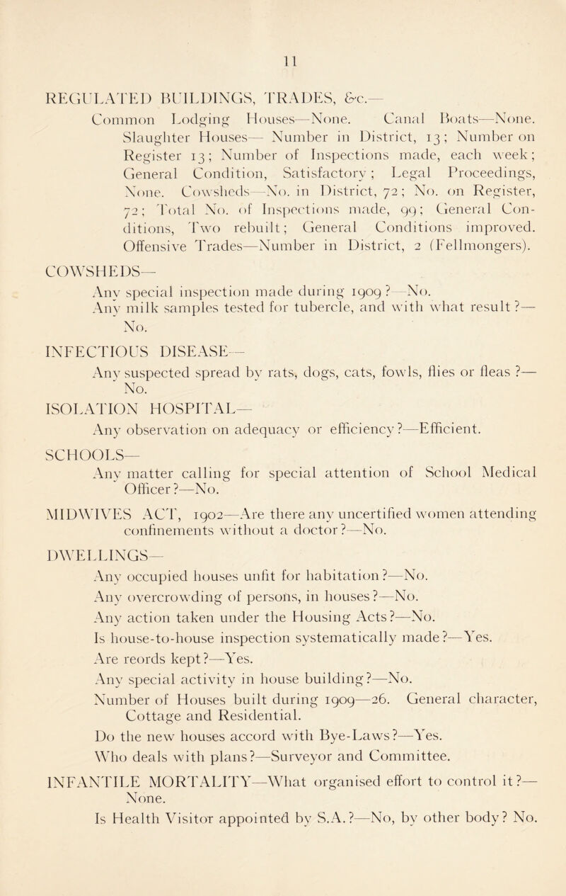 REGULATED BUILDINGS, TRADES, &c. Common Lodging Houses—None. Canal Boats—None. Slaughter Houses— Number in District, 13; Number on Register 13; Number of Inspections made, each week; General Condition, Satisfactory; Legal Proceedings, None. Cowsheds—No. in District, 72; No. on Register, 72; Total No. of Inspections made, 99; General Con- ditions, Two rebuilt; General Conditions improved. Offensive Trades—Number in District, 2 (Tellmongers). COWSHEDS— Any special inspection made during 1909 ? No. Any milk samples tested for tubercle, and with what result ?— ’ No. INEECTIOUS DISEASE— Any suspected spread bv rats, dogs, cats, fowls, flies or fleas ?— ‘ No. ISOLATION HOSPITAL— Any observation on adequacy or efficiency?—Efficient. SCHOOLS— Any matter calling for special attention of School Medical Officer ?—No. MID WIVES ACT, 1902—Are there any uncertified women attending confinements without a doctor ?—No. DWELLINGS— Any occupied houses unfit for habitation?—No. Any overcrowding of persons, in houses ?—No. Any action taken under the Housing Acts?—No. Is house-to-house inspection systematically made?—Yes. Are reords kept?—Yes. Any special activity in house building?—No. Number of Houses built during 1909—26. General character, Cottage and Residential. Do the new houses accord with Bye-Laws?—Yes. Who deals with plans?—Surveyor and Committee. 1NLANTILE MORTALITY—What organised effort to control it?— None. Is Health Visitor appointed by S.A.?—No, by other body? No.