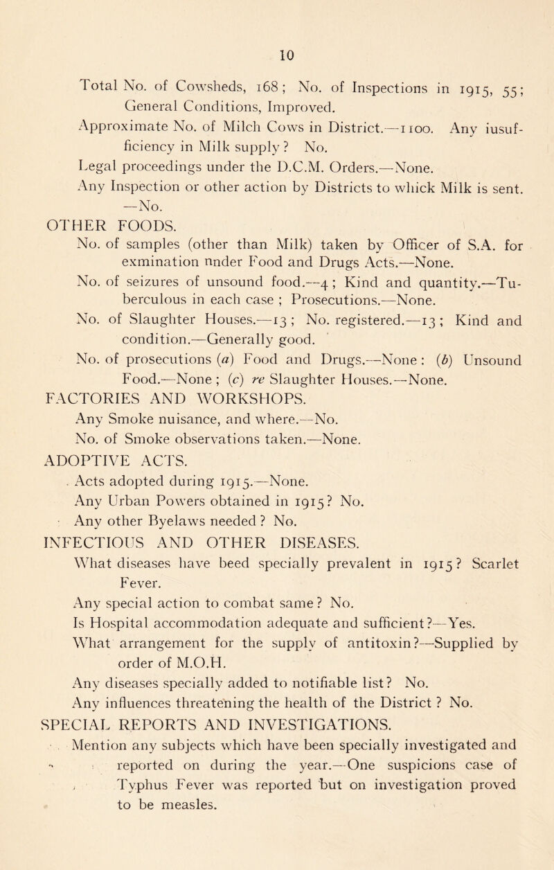 Total No. of Cowsheds, 168 ; No. of Inspections in 1915, 55; General Conditions, Improved. Approximate No. of Milch Cows in District.—1100. Anv iusuf- j ficiency in Milk supply? No. Legal proceedings under the I3.C.M. Orders.—None. Any Inspection or other action by Districts to which Milk is sent. —No. OTHER FOODS. No. of samples (other than Milk) taken by Officer of S.A. for exmination under Food and Drugs Acts.—None. No. of seizures of unsound food.—4 ; Kind and quantity,—Tu- berculous in each case ; Prosecutions.—None. No. of Slaughter Houses.—13 ; No. registered.—13 ; Kind and condition.—Generally good. No. of prosecutions (a) Food and Drugs.—None: (b) Unsound Food.—None; (c) re Slaughter Houses.—None. FACTORIES AND WORKSHOPS. Any Smoke nuisance, and where.—No. No. of Smoke observations taken.—None. ADOPTIVE ACTS. . Acts adopted during 1915.—None. Any Urban Powers obtained in 1915? No. Any other Byelaws needed ? No. INFECTIOUS AND OTHER DISEASES. What diseases have beed specially prevalent in 1915? Scarlet Fever. Any special action to combat same? No. Is Hospital accommodation adequate and sufficient?—Yes. What arrangement for the supply of antitoxin?—Supplied by order of M.O.H. x\ny diseases specially added to notifiable list? No. Any influences threatening the health of the District ? No. SPECIAL REPORTS AND INVESTIGATIONS. Mention any subjects which have been specially investigated and - t reported on during the year.—One suspicions case of ; Typhus Fever was reported but on investigation proved to be measles.