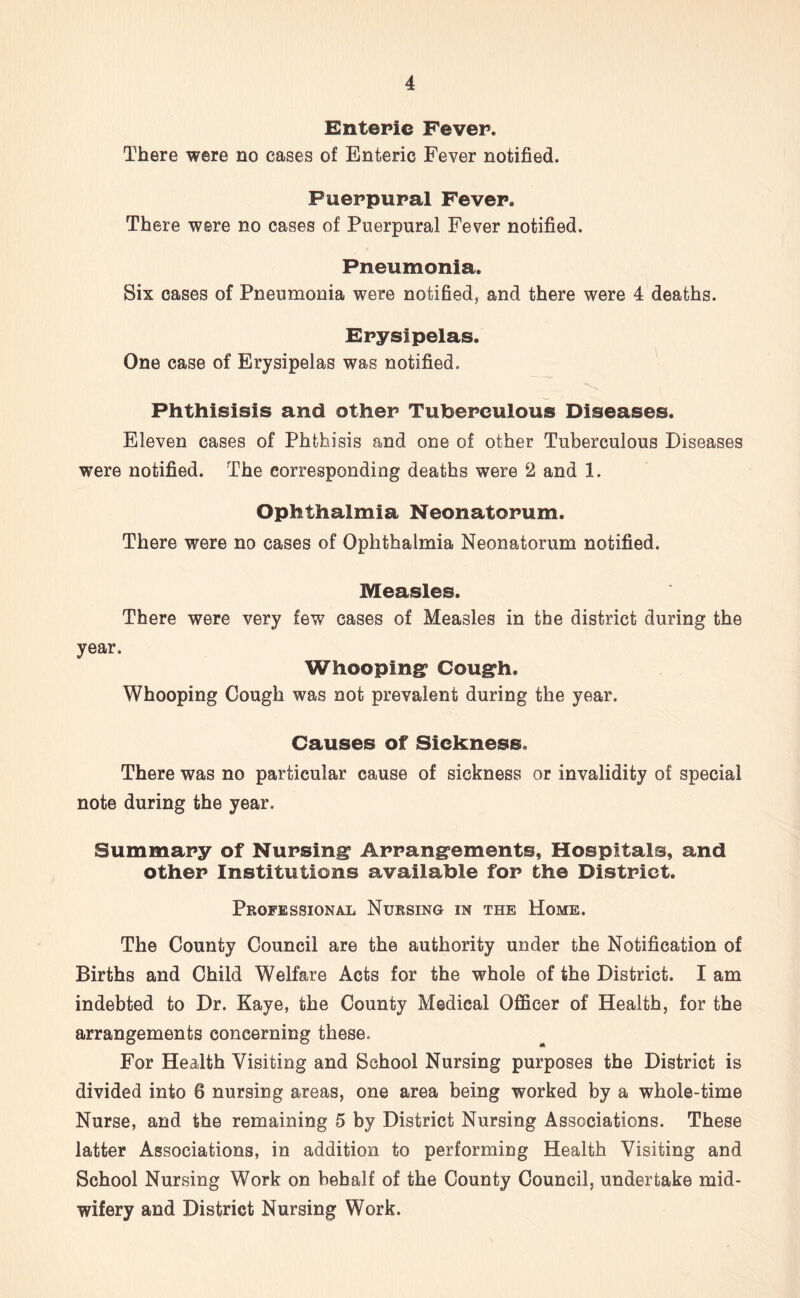 Enteric Fever. There were no cases of Enteric Fever notified. Fuerpural Fever. There were no cases of Puerpural Fever notified. Pneumonia. Six cases of Pneumonia were notified, and there were 4 deaths. Erysipelas. One case of Erysipelas was notified. Phthisisis and other Tuberculous Diseases. Eleven cases of Phthisis and one of other Tuberculous Diseases were notified. The corresponding deaths were 2 and 1. Ophthalmia Neonatorum. There were no cases of Ophthalmia Neonatorum notified. Measles. There were very few cases of Measles in the district during the year. Whooping1 Cough. Whooping Cough was not prevalent during the year. Causes of Sickness. There was no particular cause of sickness or invalidity of special note during the year. Summary of Nursing Arrangements, Hospitals, and other Institutions available for the District. Professional Nursing in the Home. The County Council are the authority under the Notification of Births and Child Welfare Acts for the whole of the District. I am indebted to Dr. Kaye, the County Medical Officer of Health, for the arrangements concerning these. For Health Visiting and School Nursing purposes the District is divided into 6 nursing areas, one area being worked by a whole-time Nurse, and the remaining 5 by District Nursing Associations. These latter Associations, in addition to performing Health Visiting and School Nursing Work on behalf of the County Council, undertake mid- wifery and District Nursing Work.