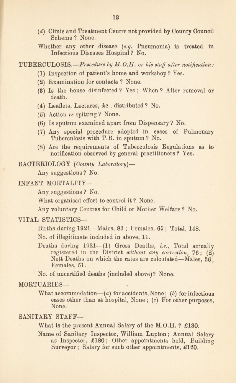 18 (d) Clinic and Treatment Centre not provided by County Council Scheme ? None. Whether any other disease (e,g. Pneumonia) is treated in Infectious Diseases Hospital ? No. TUBERCULOSIS.—Procedure by M.O.H. or his staff after notification: (1) Inspection of patient’s home and workshop ? Yes. (2) Examination for contacts ? None. (8) Is the house disinfected ? Yes ; When ? After removal or death. (4) Leaflets, Lectures, &c., distributed? No. (5) Action re spitting ? None. (6) Is sputum examined apart from Dispensary ? No. (7) Any special procedure adopted in cases of Pulmonary Tuberculosis with T. B. in sputum ? No. (8) Are the requirements of Tuberculosis Regulations as to notification observed by general practitioners ? Yes. BACTERIOLOGY (County Laboratory)— Any suggestions ? No. INFANT MORTALITY— Any suggestions ? No. What organised effort to control it ? None. Any voluntary Centres for Child or Mother Welfare ? No. VITAL STATISTICS— Births during 1921—Males, 88 ; Females, 65 ; Total, 148. No. of illegitimate included in above, 11. Deaths during 1921—(1) Gross Deaths, i.e., Total actually registered in the District without any correction, 76; (2) Nett Deaths on which the rates are calculated—Males, 86; Females, 51. No. of uncertified deaths (included above)? None. MORTUARIES— What accommodation—(a) for accidents, None; (b) for infectious cases other than at hospital, None ; (c) For other purposes, None. SANITARY STAFF— What is the present Annual Salary of the M.O.H. ? £180. Name of Sanitary Inspector, William Lupton; Annual Salary as Inspector, £180; Other appointments held, Building Surveyor ; Salary for such other appointments, £120.