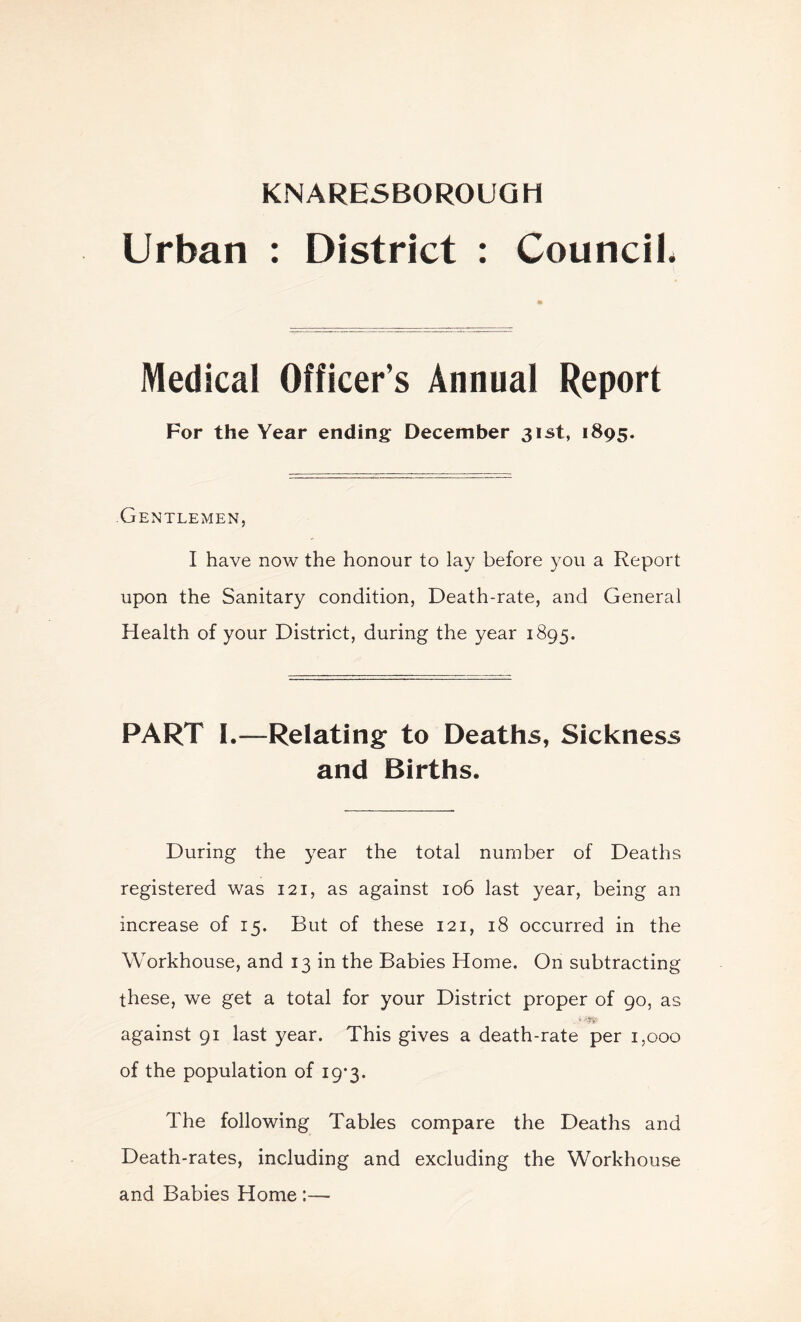 Urban : District : Council. Medical Officer’s Annual Report For the Year ending December 31st, 1895. Gentlemen, I have now the honour to lay before you a Report upon the Sanitary condition, Death-rate, and General Health of your District, during the year 1895. PART I.—Relating to Deaths, Sickness and Births. During the year the total number of Deaths registered was 121, as against 106 last year, being an increase of 15. But of these 121, 18 occurred in the Workhouse, and 13 in the Babies Home. On subtracting these, we get a total for your District proper of 90, as against 91 last year. This gives a death-rate per 1,000 of the population of 19*3. The following Tables compare the Deaths and Death-rates, including and excluding the Workhouse and Babies Home :—■