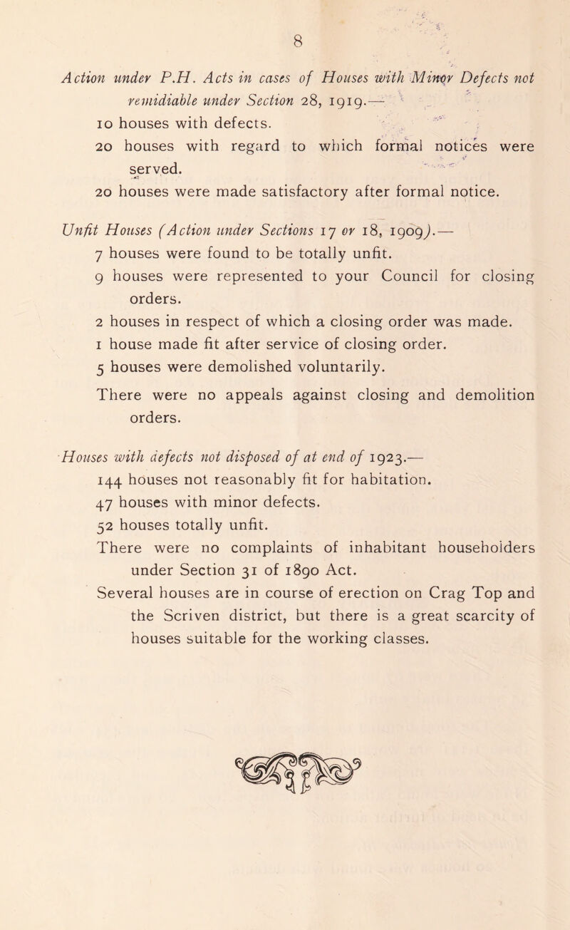 Action under P.H. Acts in cases of Houses with Minor Defects not remidiable under Section 28, 1919.—- 10 houses with defects. 20 houses with regard to which formal notices were T V served. 20 houses were made satisfactory after formal notice. Unfit Houses (Action under Sections 17 or 18. 1909J.— 7 houses were found to be totally unfit. 9 houses were represented to your Council for closing orders. 2 houses in respect of which a closing order was made. 1 house made fit after service of closing order. 5 houses were demolished voluntarily. There were no appeals against closing and demolition orders. Houses with defects not disposed of at end of 1923.— 144 houses not reasonably fit for habitation. 47 houses with minor defects. 52 houses totally unfit. There were no complaints of inhabitant householders under Section 31 of 1890 Act. Several houses are in course of erection on Crag Top and the Scriven district, but there is a great scarcity of houses suitable for the working classes.