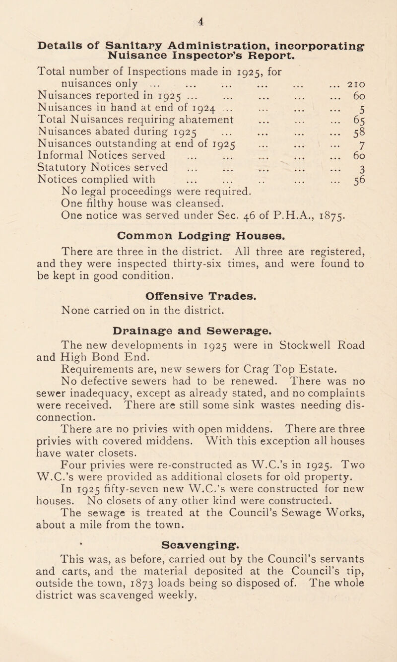 Details of Sanitary Administration, incorporating* Nuisance Inspector’s Report. Total number of Inspections made in 1925, for nuisances only ... • • • • • • ... 210 Nuisances reported in 1925 ... • • • • • • 60 Nuisances in hand at end of 1924 .. ... , , , 5 Total Nuisances requiring abatement • • • . • . ... 65 Nuisances abated during 1925 • • • ... ... 58 Nuisances outstanding at end of 1925 . • • • • • 7 Informal Notices served * 0 • © 0 • 60 Statutory Notices served w • • • • • 3 Notices complied with - 56 No legal proceedings were required. One filthy house was cleansed. One notice was served under Sec. 46 of P.H.A., 1875. Common Lodging* Houses. There are three in the district. All three are registered, and they were inspected thirty-six times, and were found to be kept in good condition. Offensive Trades. None carried on in the district. Drainage and Sewerage. The new developments in 1925 were in Stockwell Road and High Bond End. Requirements are, new sewers for Crag Top Estate. No defective sewers had to be renewed. There was no sewer inadequacy, except as already stated, and no complaints were received. There are still some sink wastes needing dis- connection. There are no privies with open middens. There are three privies with covered middens. With this exception all houses have water closets. Four privies were re-constructed as W.C.’s in 1925. Two W.C.’s were provided as additional closets for old property. In 1925 fifty-seven new W.C.’s were constructed for new houses. No closets of any other kind were constructed. The sewage is treated at the Council’s Sewage Works, about a mile from the town. ’ Scavenging. This was, as before, carried out by the Council’s servants and carts, and the material deposited at the Council’s tip, outside the town, 1873 loads being so disposed of. The whole district was scavenged weekly.