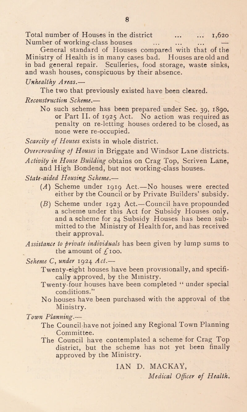 Total number of Houses in the district ... ... 1,620 Number of working-class houses ... ... ... — General standard of Houses compared with that of the Ministry of Health is in many cases bad. Houses are old and in bad general repair. Sculleries, food storage, waste sinks, and wash houses, conspicuous by their absence. Unhealthy Areas.— The two that previously existed have been cleared. Reconstruction Scheme.— No such scheme has been prepared under Sec. 39, 1890. or Part II. of 1925 Act. No action was required as penalty on re-letting houses ordered to be closed, as none were re-occupied. Scarcity of Houses exists in whole district. Overcrowding of Houses in Briggate and Windsor Lane districts. Activity in House Building obtains on Crag Top, Scriven Lane, and High Bondend, but not working-class houses. State-aided Housing Scheme.— (A) Scheme under 1919 Act.—No houses were erected either by the Council or by Private Builders’ subsidy. (B) Scheme under 1923 Act.—Council have propounded a scheme under this Act for Subsidy Houses only, and a scheme for 24 Subsidy Houses has been sub- mitted to the Ministry of Health for, and has received their approval. Assistance to private individuals has been given by lump sums to the amount of ^100. Seheme C, under 1924 Act.— Twenty-eight houses have been provisionally, and specifi- cally approved, by the Ministry. Twenty-four houses have been completed “ under special conditions.” No houses have been purchased with the approval of the Ministry. Town Planning.— The Councihhave not joined any Regional Town Planning Committee. The Council have contemplated a scheme for Crag Top district, but the scheme has not yet been finally approved by the Ministry. IAN D. MACKAY, Medical Officer of Health.