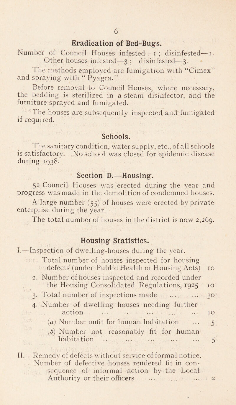 Eradication of Bed-Bug’s. Number of Council Houses infested—i ; disinfested—i. Other houses infested—3 ; disinfested—3. The methods employed are fumigation with “Cimex” and spraying with “ Pyagra.” Before removal to Council Houses, where necessary, the bedding is sterilized in a steam disinfector, and the furniture sprayed and fumigated. The houses are subsequently inspected and fumigated if required. Schools. The sanitary condition, water supply, etc., of all schools is satisfactory. No school was closed for epidemic disease during 1938. Section D.—Housing:. 51 Council Houses was erected during the year and progress was made in the demolition of condemned houses. A large number (55) of houses were erected by private enterprise during the year. The total number of houses in the district is now 2,269. Housing: Statistics. I. —Inspection of dwelling-houses during the year. 1. Total number of houses inspected for housing defects (under Public Health or Housing Acts) 10 2. Number of houses inspected and recorded under the Housing Consolidated Regulations, 1925 10 3. Total number of inspections made ... ... 30 4. Number of dwelling houses needing further action ... ... ... ... ... 10 (a) Number unfit for human habitation ... 5 \b) Number not reasonably fit for human habitation .. ... ... ... ... 5 II. —Remedy of defects without service of formal notice. Number of defective houses rendered fit in con- sequence of informal action by the Local Authority or their officers ... ... ... 2