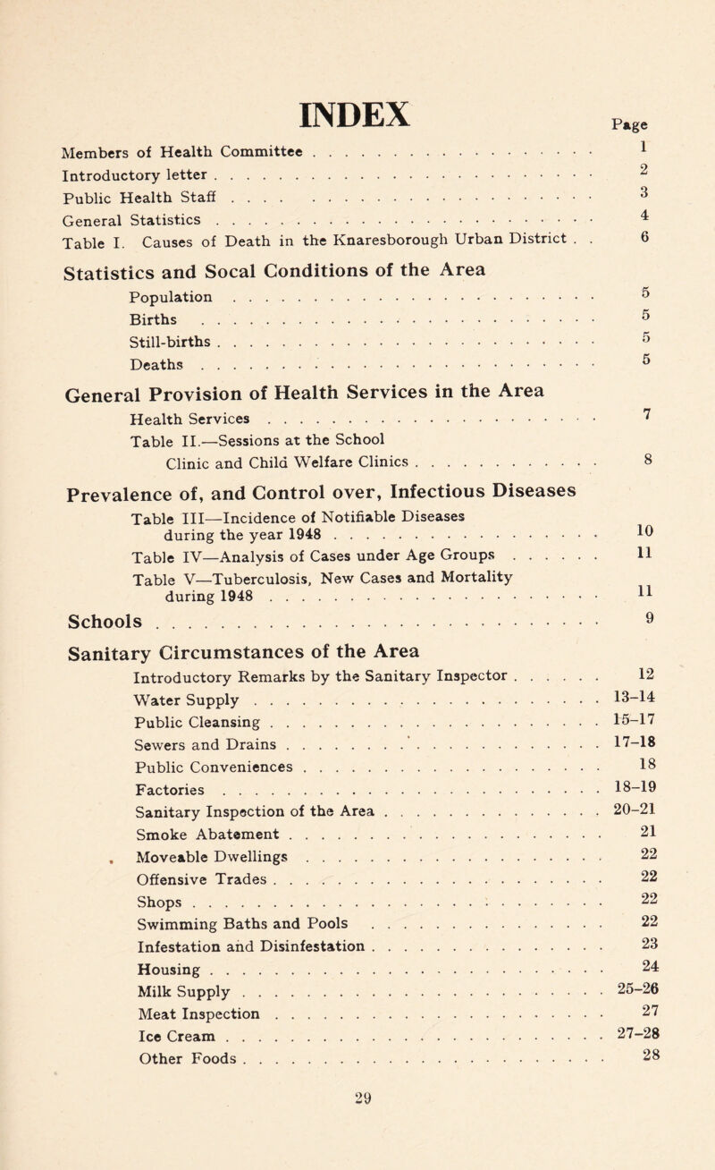 INDEX Members of Health Committee 1 Introductory letter Public Health Staff 3 General Statistics 4 Table I. Causes of Death in the Knaresborough Urban District . . 6 Statistics and Socal Conditions of the Area Population 5 Births 5 Still-births 5 Deaths ^ General Provision of Health Services in the Area Health Services 7 Table II.—Sessions at the School Clinic and Child Welfare Clinics 8 Prevalence of, and Control over, Infectious Diseases Table III—Incidence of Notifiable Diseases during the year 1948 10 Table IV—Analysis of Cases under Age Groups 11 Table V—Tuberculosis, New Cases and Mortality during 1948 H Schools 9 Sanitary Circumstances of the Area Introductory Remarks by the Sanitary Inspector 12 Water Supply 13-14 Public Cleansing 15-17 Sewers and Drains 17-18 Public Conveniences 18 Factories 18-19 Sanitary Inspection of the Area 20-21 Smoke Abatement 21 , Moveable Dwellings 22 Offensive Trades 22 Shops 22 Swimming Baths and Pools 22 Infestation and Disinfestation 23 Housing 24 Milk Supply 25-26 Meat Inspection 27 Ice Cream 27-28 Other Foods 28