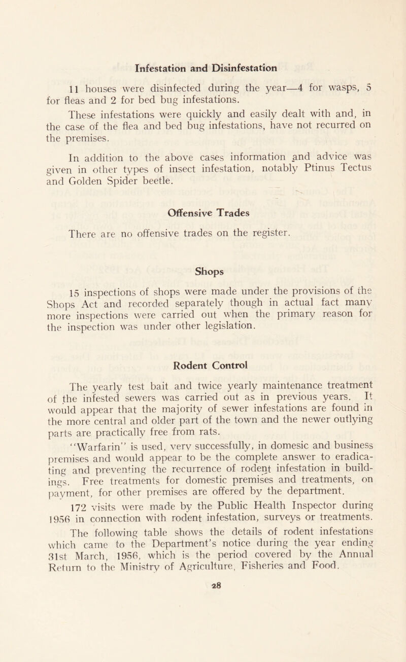 Infestation and Disinfestation 11 houses were disinfected during the year—4 for wasps, 5 for fleas and 2 for bed bug infestations. These infestations were quickly and easily dealt with and, in the case of the flea and bed bug infestations, have not recurred on the premises. In addition to the above cases information and advice was given in other types of insect infestation, notably Ptinus Tectus and Golden Spider beetle. Offensive Trades There are no offensive trades on the register. Shops 15 inspections of shops were made under the provisions of the Shops Act and recorded separately though in actual fact many more inspections were carried out when the primary reason for the inspection was under other legislation. Rodent Control The yearly test bait and twice yearly maintenance treatment of the infested sewers was carried out as in previous years. It would appear that the majority of sewer infestations are found in the more central and older part of the town and the newer outlying parts are practically free from rats. ''Warfarin” is used, very successfully, in domesic and business premises and would appear to be the complete answer to eradica- ting and preventing the recurrence of rodent infestation in build- ings. Free treatments for domestic premises and treatments, on payment, for other premises are offered by the department. 172 visits were made by the Public Health Inspector during 1956 in connection with rodent infestation, surveys or treatments. The following table shows the details of rodent infestations which came to the Department’s notice during the year ending 31st March, 1956, which is the period covered by the Annual Return to the Ministry of Agriculture. Fisheries and Food. «8