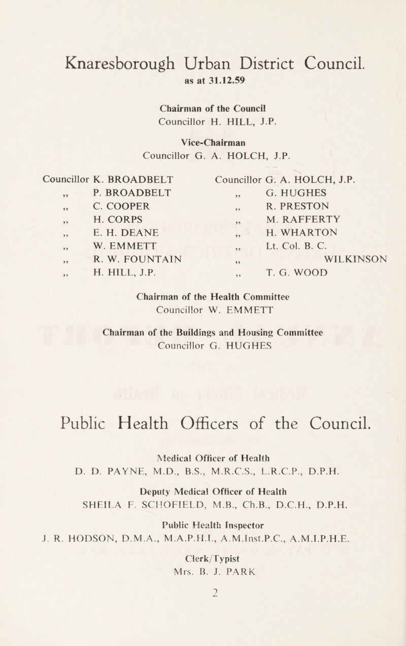 Knaresborough Urban District Council. as at 31.12.59 Chairman of the Council Councillor H. HILL, J.P. Vice-Chairman Councillor G. A. HOLCH, J.P. Councillor K. BROADBELT Councillor G. A. HOLCH, J.P. 55 P. BROADBELT 55 G. HUGHES 55 C. COOPER 55 R. PRESTON 55 H. CORPS 55 M. RAFFERTY 55 E. H. DEANE 55 H. WHARTON 55 W. EMMETT 5 5 Lt. Col. B. C. 55 R. W. FOUNTAIN 5 5 WILKINSON 5 5 H. HILL, J.P. 5 5 T. G. WOOD Chairman of the Health Committee Councillor W. EMMETT Chairman of the Buildings and Housing Committee Councillor G. HUGHES Public Health Officers of the Council. Medical Officer of Health D. D. PAYNE, M.D., B.S., M.R.C.S., L.R.C.P., D.P.H. Deputy Medical Officer of Health SHEILA F. SCHOFIELD, M B., Ch.B., D.C.H., D.P.H. Public Health Inspector J. R. HODSON, D.M.A., M.A.P.H.T., A.M.Inst.P.C., A.M.I.P.H.E. Clerk/Typist Mrs. B. J. PARK