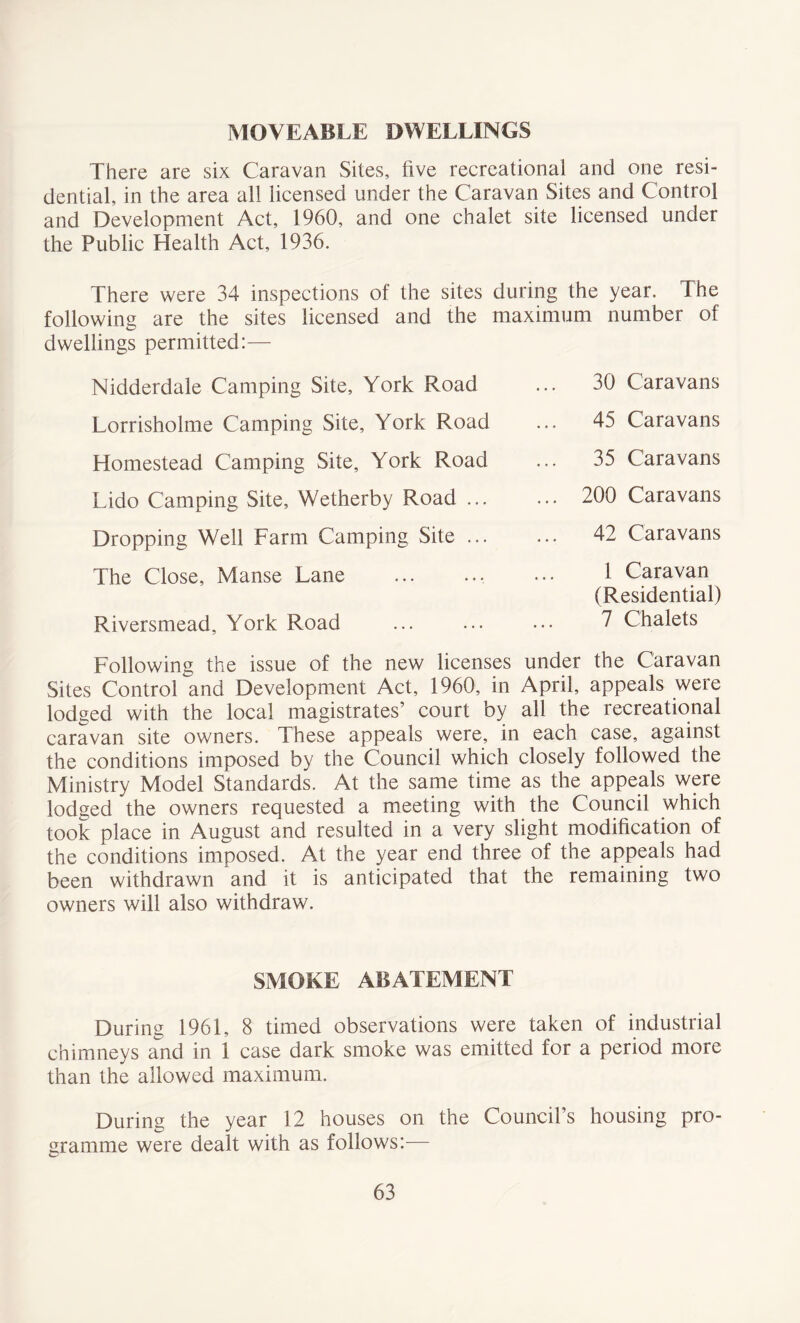 MOVEABLE DWELLINGS There are six Caravan Sites, five recreational and one resi- dential, in the area all licensed under the Caravan Sites and Control and Development Act, 1960, and one chalet site licensed under the Public Health Act, 1936. There were 34 inspections of the sites during the year. The following are the sites licensed and the maximum number of dwellings permitted:— Nidderdale Camping Site, York Road Lorrisholme Camping Site, York Road Homestead Camping Site, York Road Lido Camping Site, Wetherby Road ... Dropping Well Farm Camping Site ... The Close, Manse Lane Riversmead, York Road 30 Caravans 45 Caravans 35 Caravans 200 Caravans 42 Caravans 1 Caravan (Residential) 7 Chalets Following the issue of the new licenses under the Caravan Sites Control and Development Act, 1960, in April, appeals were lodged with the local magistrates’ court by all the recreational caravan site owners. These appeals were, in each case, against the conditions imposed by the Council which closely followed the Ministry Model Standards. At the same time as the appeals were lodged the owners requested a meeting with the Council which took place in August and resulted in a very slight modification of the conditions imposed. At the year end three of the appeals had been withdrawn and it is anticipated that the remaining two owners will also withdraw. SMOKE ABATEMENT During 1961, 8 timed observations were taken of industrial chimneys and in 1 case dark smoke was emitted for a period more than the allowed maximum. During the year 12 houses on the Council’s housing pro- gramme were dealt with as follows:—