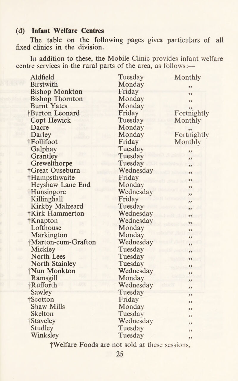 (d) Infant Welfare Centres The table on the following pages gives particulars of all fixed clinics in the division. In addition to these, the Mobile Clinic provides infant welfare centre services in the rural parts of the area, as follows:— Aldfield Tuesday Monthly Birstwith Monday Bishop Monkton Friday Bishop Thornton Monday Burnt Yates Monday fBurton Leonard Friday Fortnightly Copt Hewick Tuesday Monthly Dacre Monday Darley Monday Fortnightly tFollifoot Friday Monthly Galphay Tuesday >> Grantley Tuesday >> Grewelthorpe Tuesday fGreat Ouseburn Wednesday >> fHampsthwaite Friday >> Heyshaw Lane End Monday tHunsingore Wednesday >> Killinghall Friday >> Kirkby Malzeard Tuesday >5 |Kirk Hammerton Wednesday >> tKnapton Wednesday >> Lofthouse Monday >> Markington Monday yy tMarton-cum-Grafton Wednesday yy Mickley Tuesday yy North Lees Tuesday yy North Stainley Tuesday yy fNun Monkton Wednesday yy Ramsgill Monday yy jRufforth Wednesday yy Sawley Tuesday yy jScotton Friday yy Shaw Mills Monday yy Skelton Tuesday yy jStaveley Wednesday yy Studley Tuesday yy Winksley Tuesday yy fWelfare Foods are not sold at these sessions.